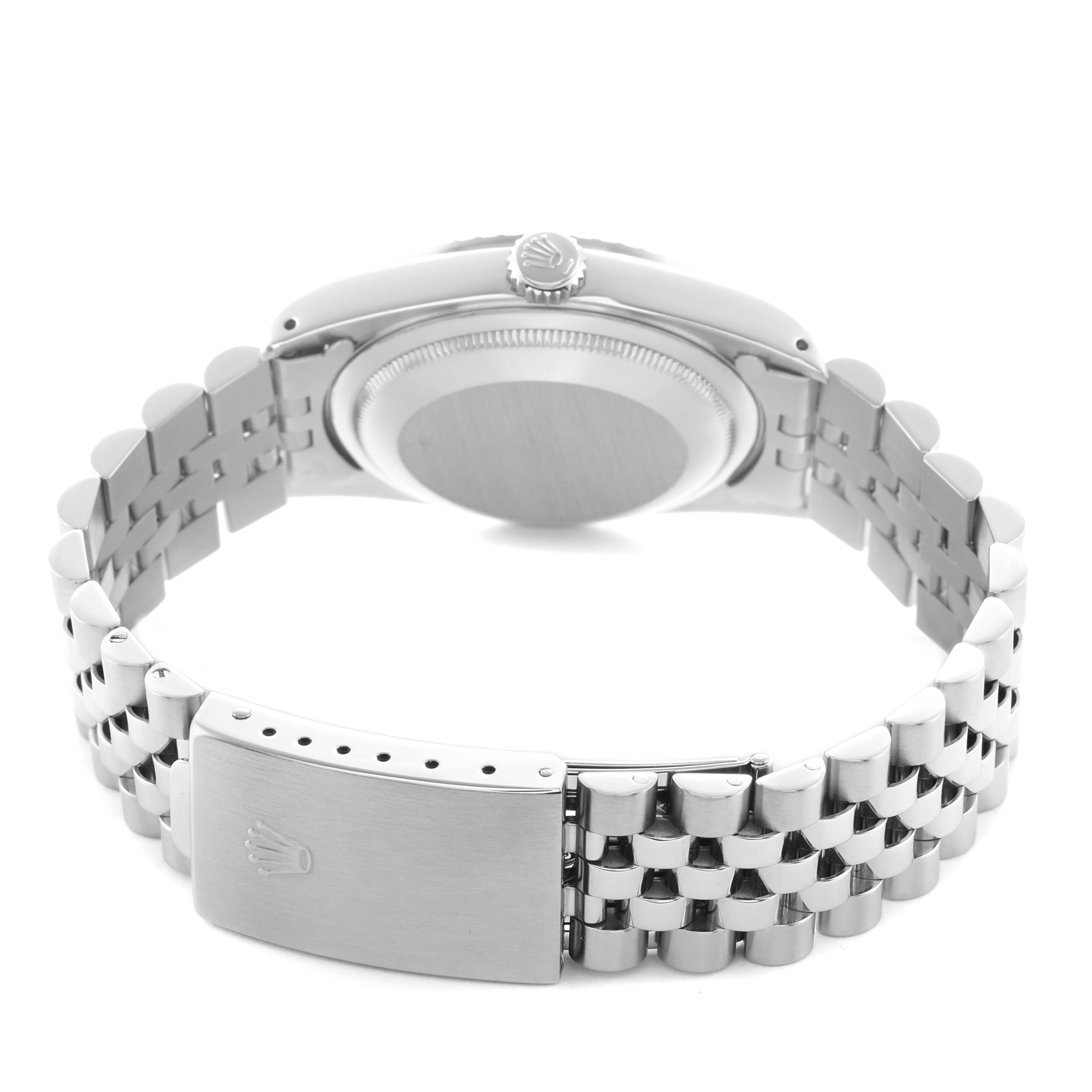 The Rolex Datejust 16220 Men's Stainless Steel Beige Dial watch is shown from the back, displaying the clasp, bracelet, and case back.