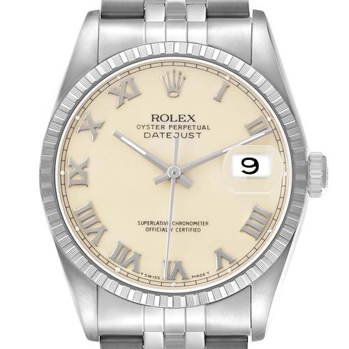 The Rolex Datejust 16220 Men's Stainless Steel Beige Dial watch is shown from a front angle, displaying the dial, Roman numerals, fluted bezel, bracelet, and crown.