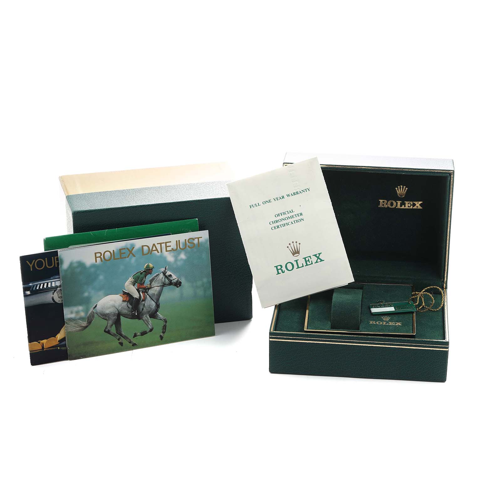 The image shows a Rolex Datejust 16220 Men's Stainless Steel Beige Dial box with booklets, a warranty card, and tags visible.