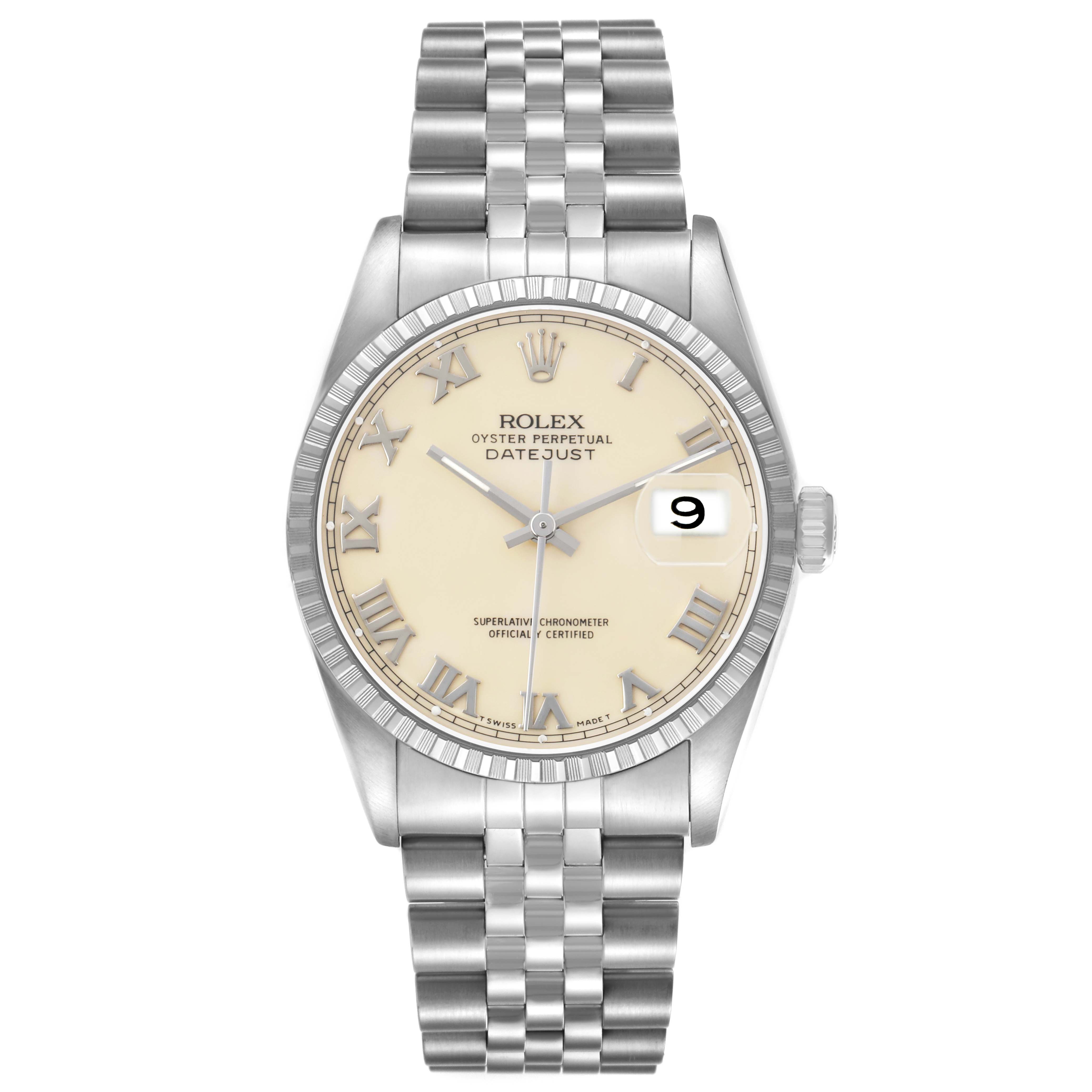 The Rolex Datejust 16220 Men's Stainless Steel Beige Dial watch is shown from the front, displaying the dial, bezel, and bracelet.