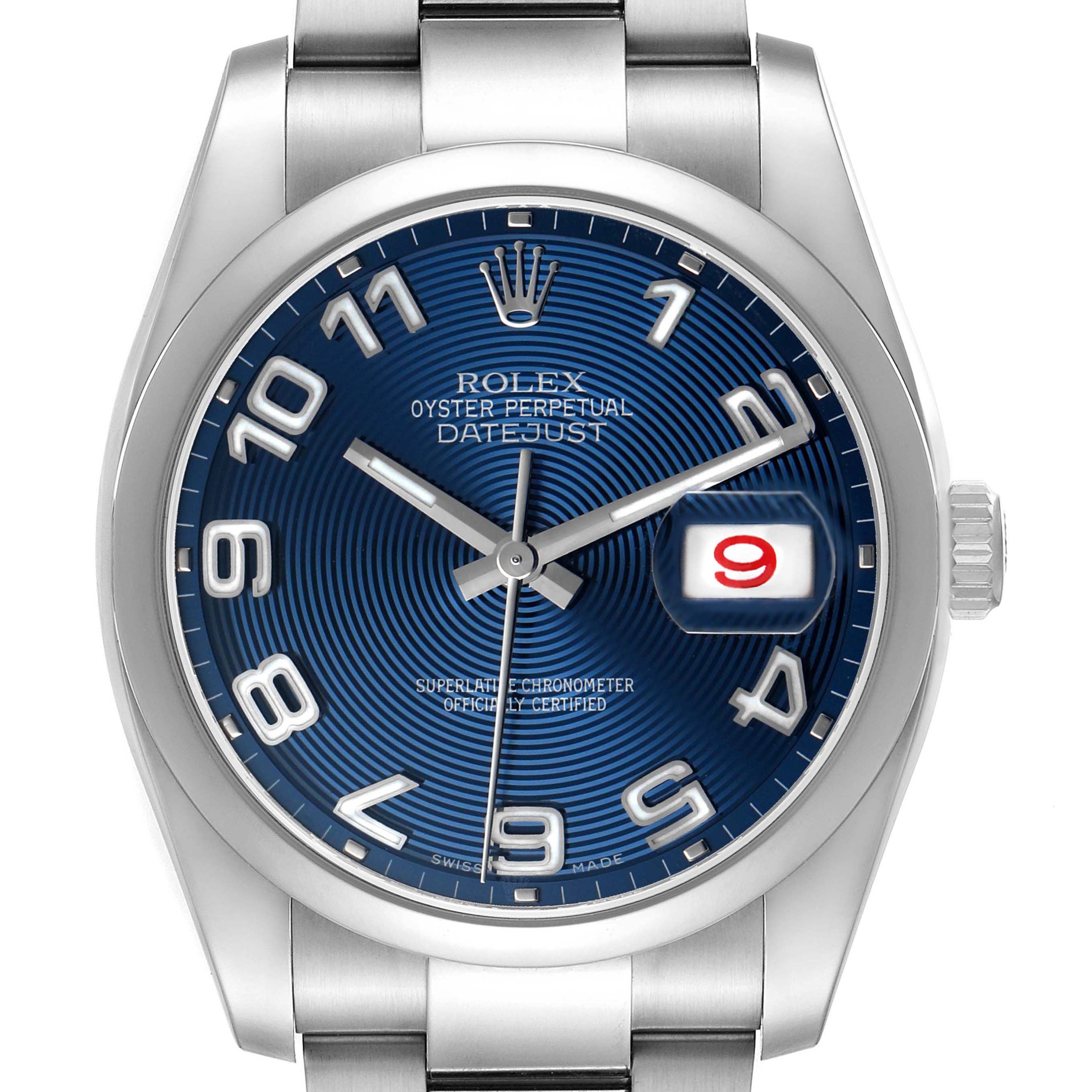 The Rolex Datejust 116200 Men's Stainless Steel Blue Dial watch is shown from a front angle, highlighting the blue dial, numerals, hands, date window, and crown.