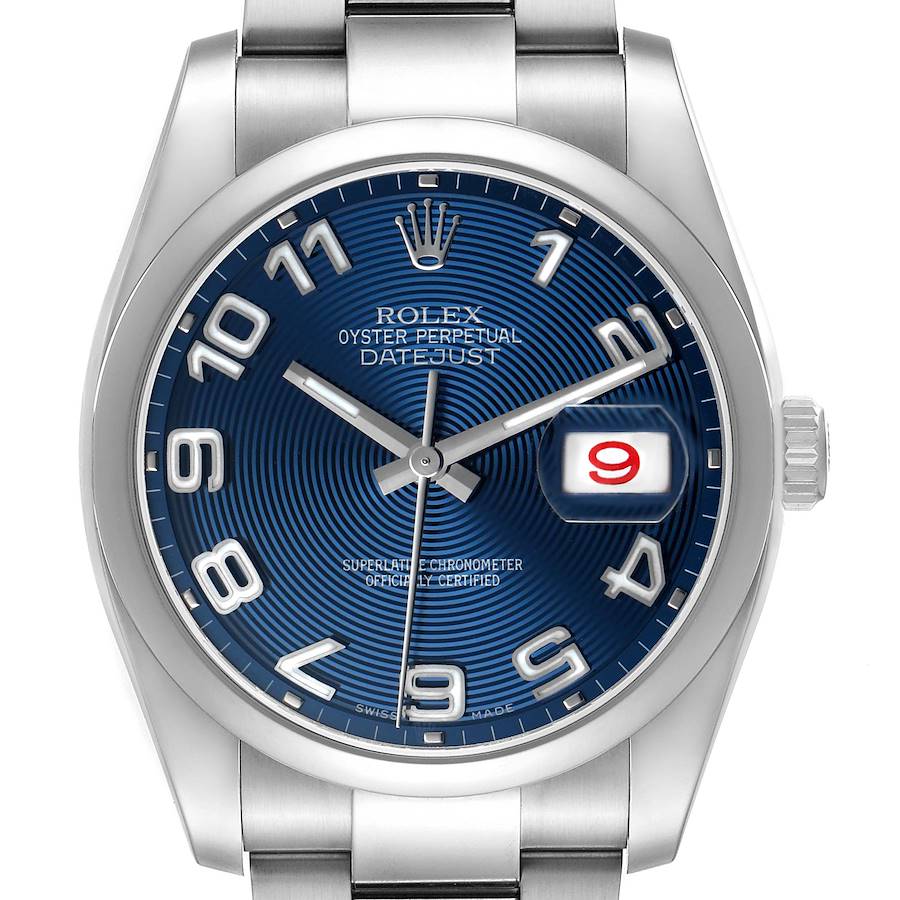 The Rolex Datejust 116200 Men's Stainless Steel Blue Dial watch is shown from a front angle, highlighting the blue dial, numerals, hands, date window, and crown.