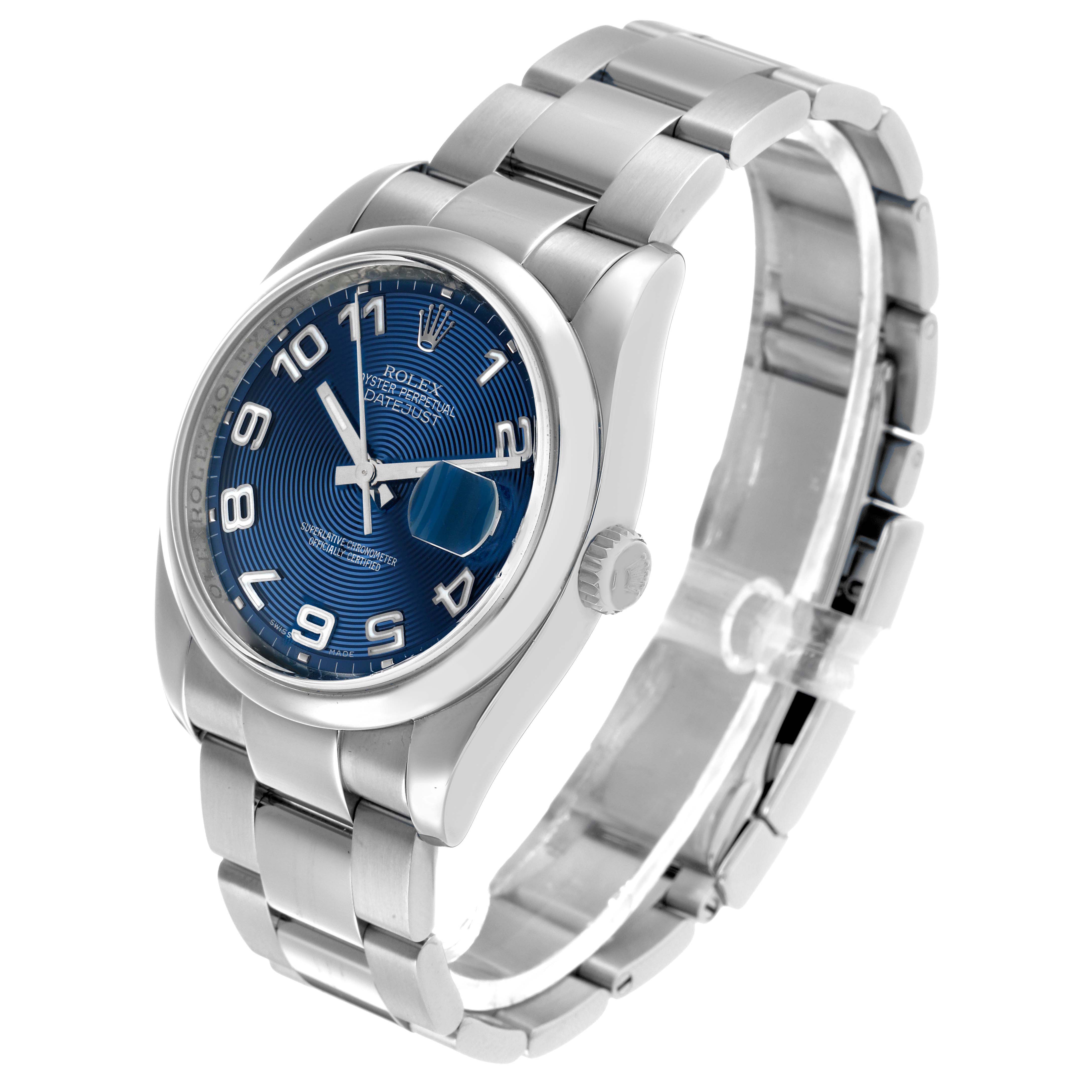 The Rolex Datejust 116200 Men's Stainless Steel Blue Dial watch is shown at a three-quarter angle, highlighting the blue dial, bezel, and bracelet.