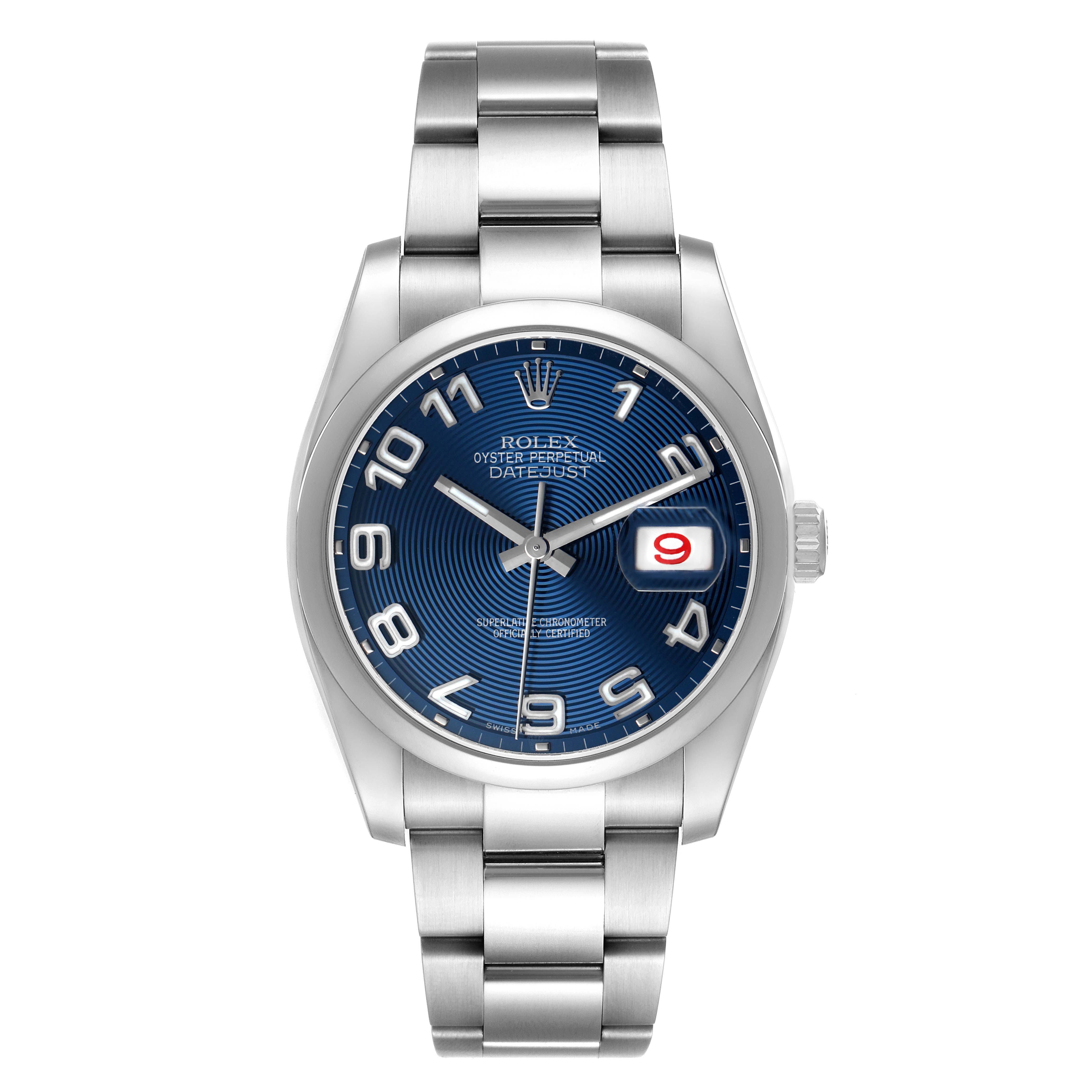The Rolex Datejust 116200 Men's Stainless Steel Blue Dial watch is shown from a front angle, highlighting its blue dial, bezel, and bracelet.