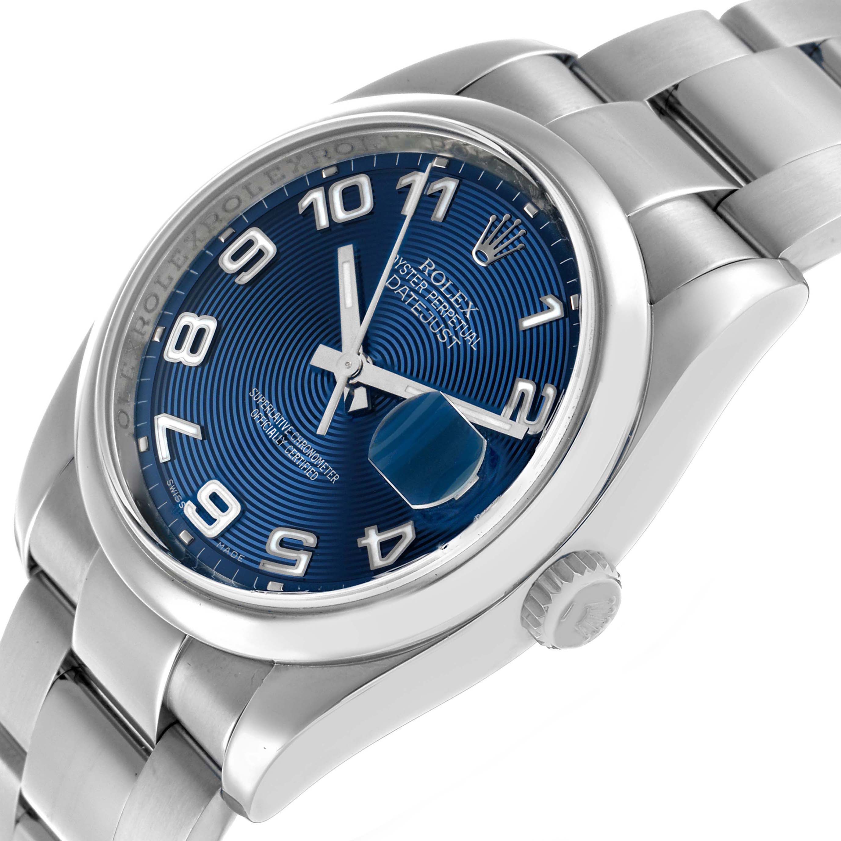 The Rolex Datejust 116200 Men's Stainless Steel Blue Dial is shown at a slight angle highlighting the dial, bezel, crown, and bracelet.