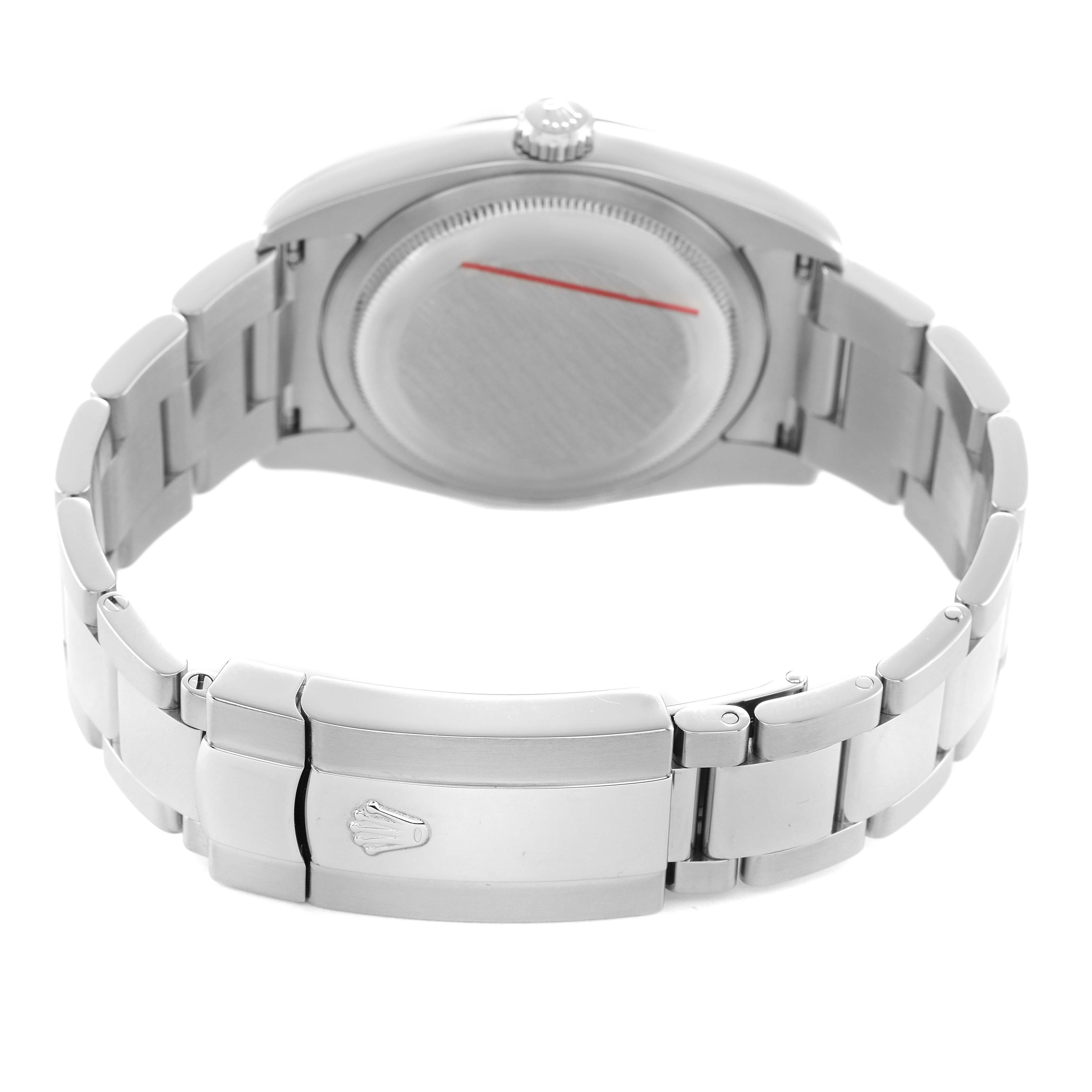 This image shows the back and clasp of a Rolex Datejust 116200 Men's Stainless Steel Blue Dial watch, highlighting the bracelet and watch case.