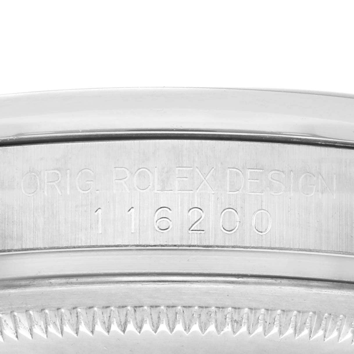 The image shows a close-up of the Rolex Datejust 116200 Men's Stainless Steel Blue Dial case side, highlighting the engraved model number.