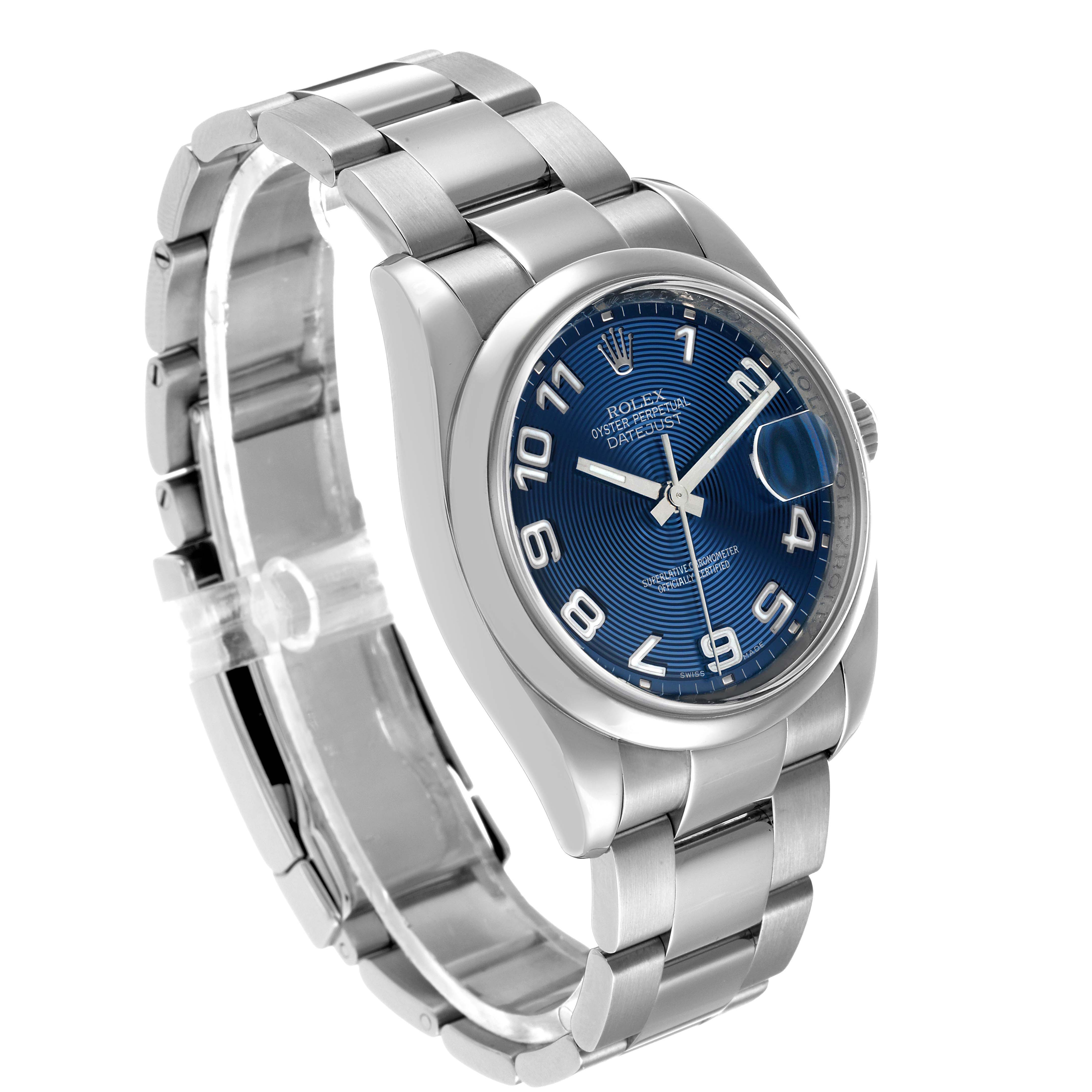 The Rolex Datejust 116200 Men's Stainless Steel Blue Dial is shown at a slight angle, featuring the dial, bracelet, case, and cyclops lens over the date.