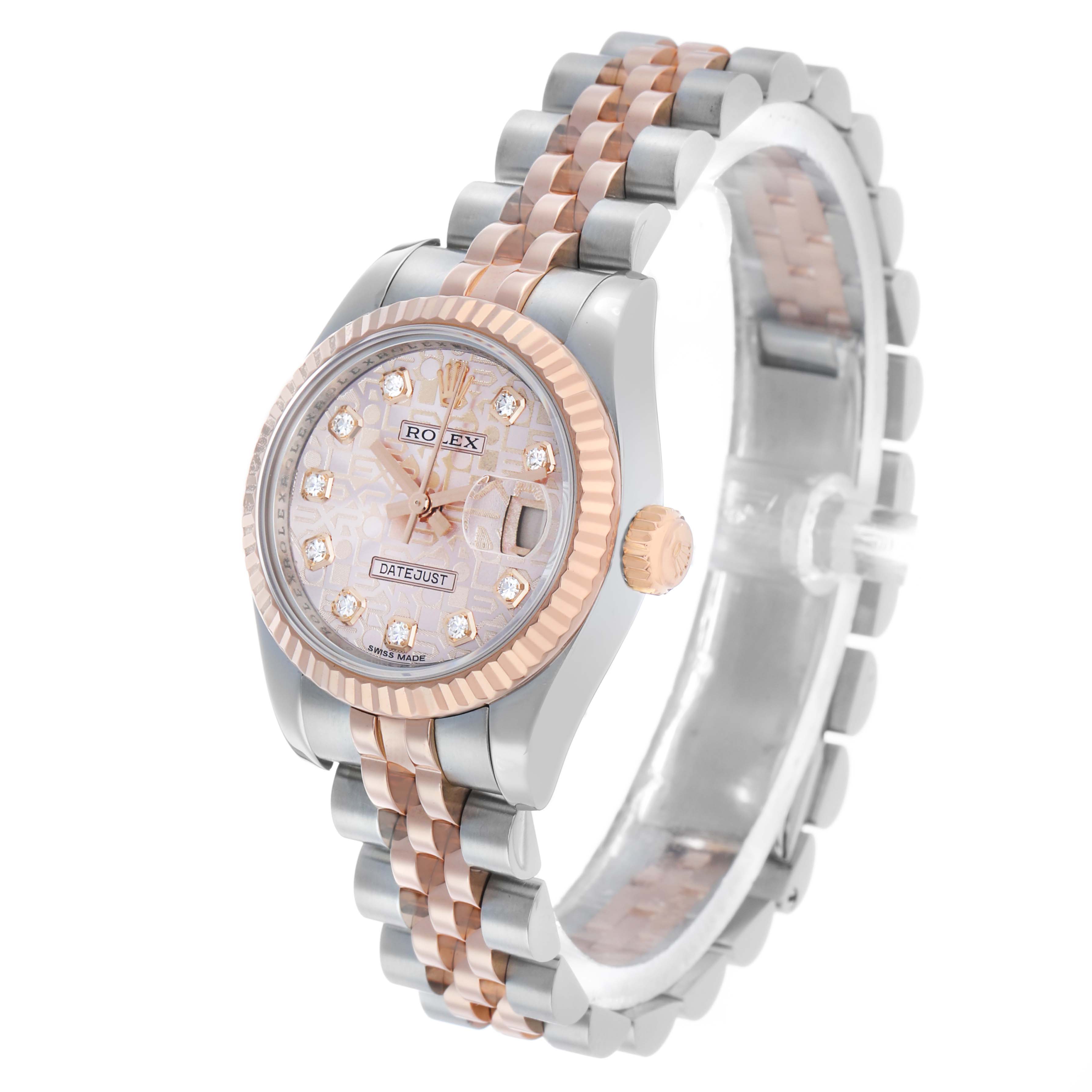 The Rolex Datejust 179171 Women's Steel and Gold (two tone) Pink Dial watch is shown at a three-quarter angle, highlighting the face, bezel, crown, and two-tone bracelet.