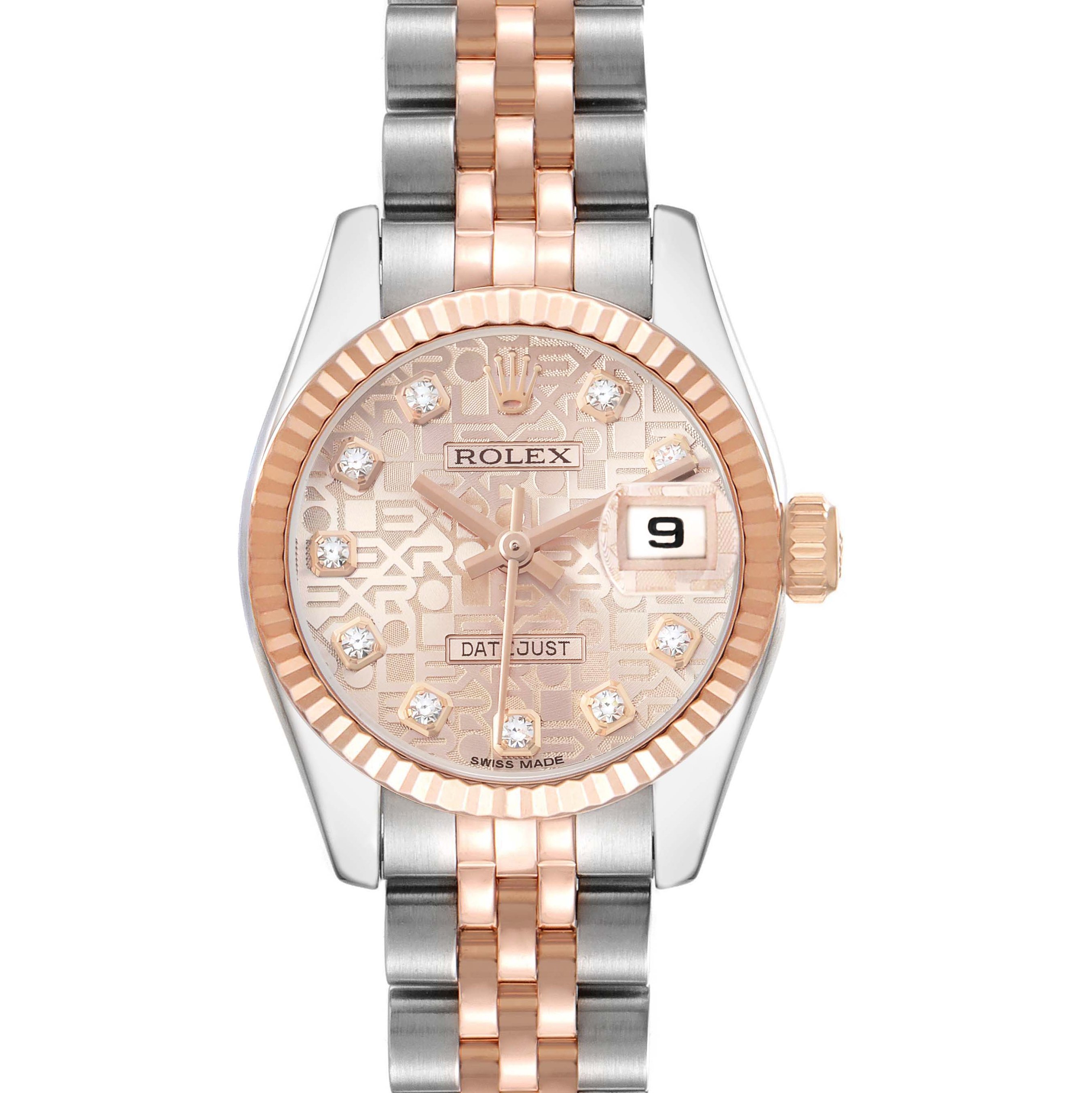 The Rolex Datejust 179171 Women's Steel and Gold (two tone) Pink Dial watch is shown from the front, highlighting the dial, bezel, bracelet, and date window.