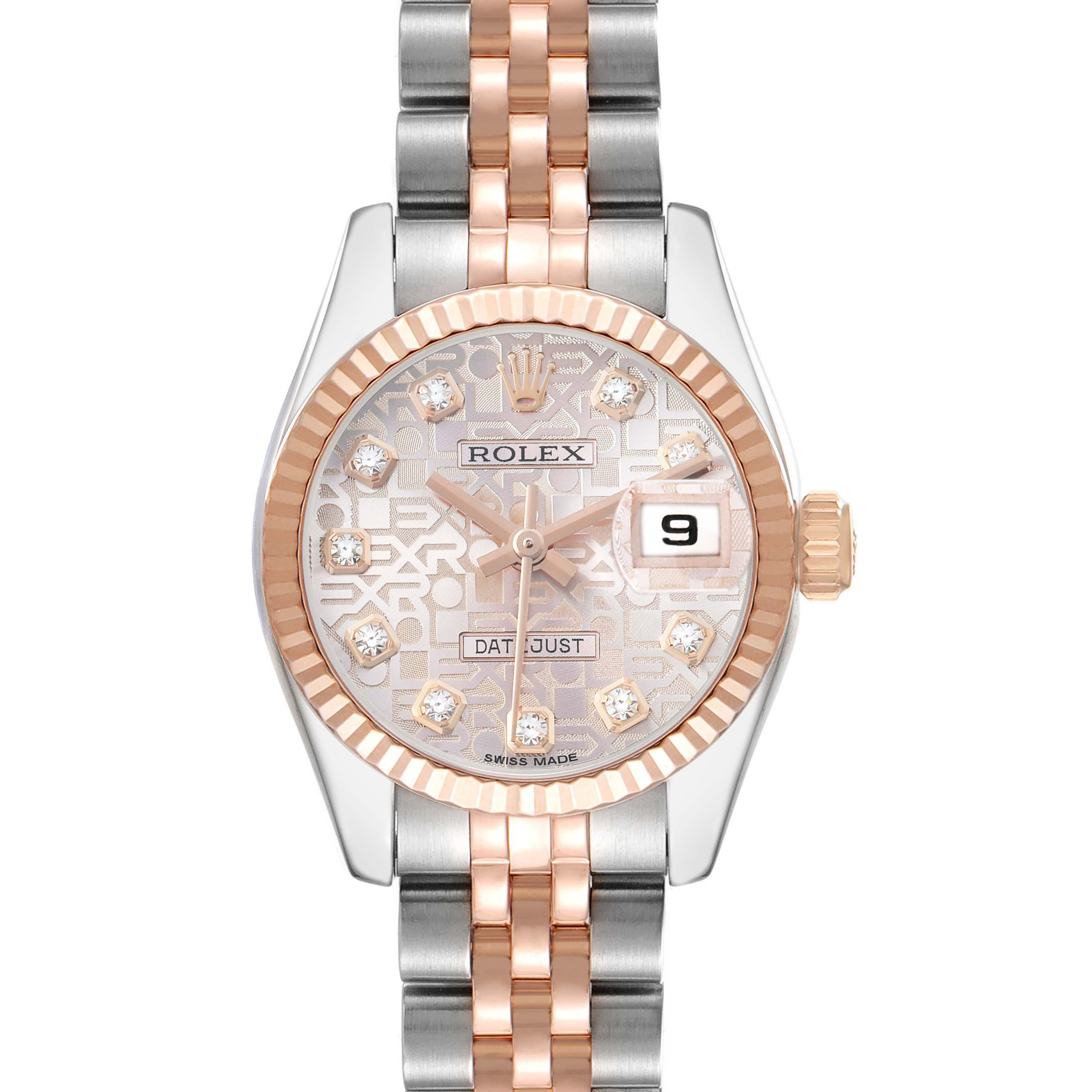 The Rolex Datejust 179171 Women's Steel and Gold (two tone) Pink Dial watch is shown from the front, highlighting its dial, bezel, bracelet, and crown.