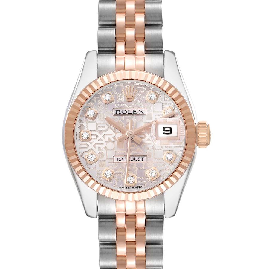 The Rolex Datejust 179171 Women's Steel and Gold (two tone) Pink Dial watch is shown from the front, highlighting its dial, bezel, bracelet, and crown.
