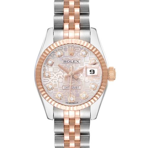 The Rolex Datejust 179171 Women's Steel and Gold (two tone) Pink Dial watch is shown from a front angle, displaying the dial, bracelet, bezel, and crown.