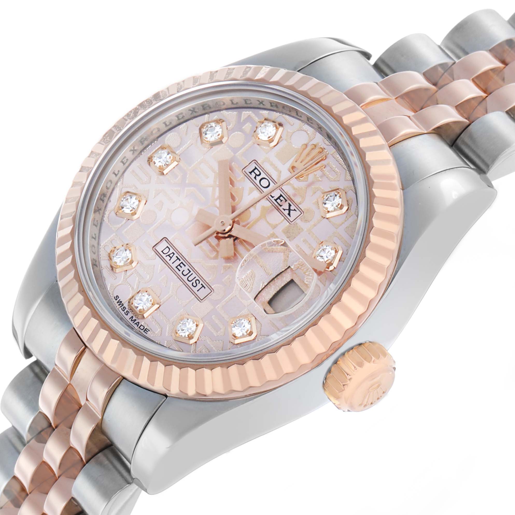 The image shows a Rolex Datejust 179171 Women's Steel and Gold (two tone) Pink Dial watch at a three-quarter angle highlighting the dial, bezel, case, bracelet, and crown.
