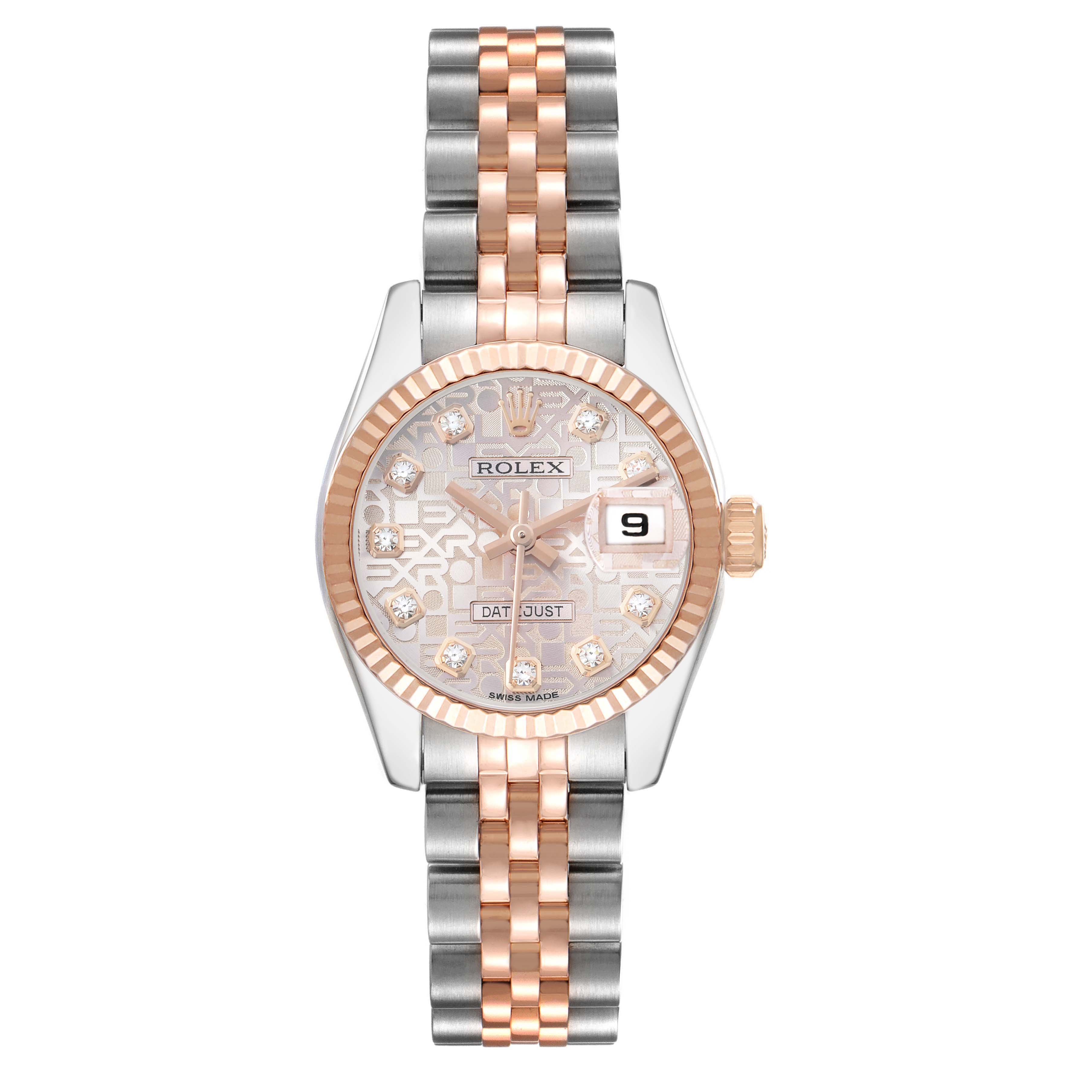 The Rolex Datejust 179171 Women's Steel and Gold (two tone) Pink Dial watch is shown from a front angle, displaying its dial, bezel, and two-tone bracelet.