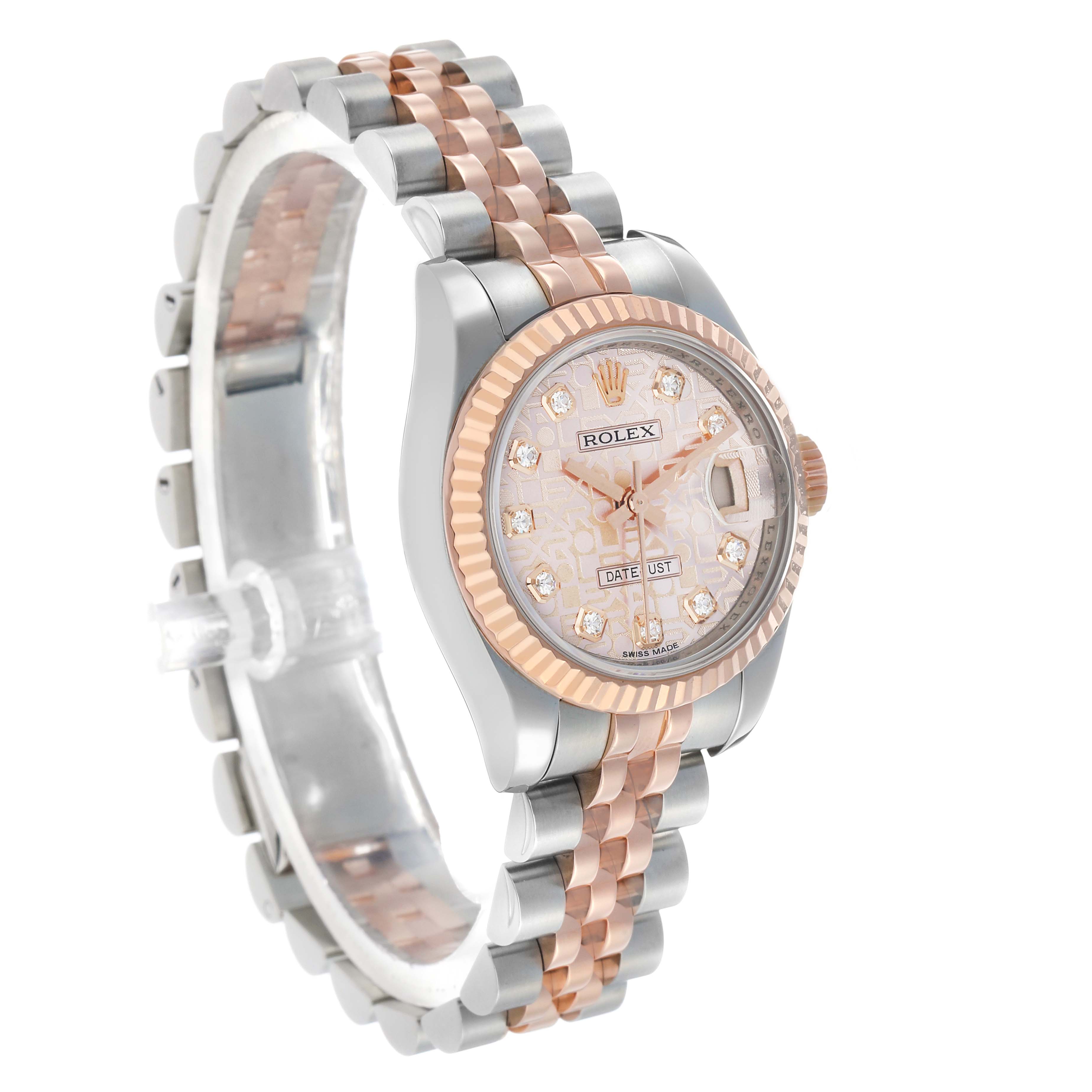 The Rolex Datejust 179171 Women's Steel and Gold (two tone) Pink Dial watch is shown at a three-quarter angle, highlighting its dial, bezel, and two-tone Jubilee bracelet.