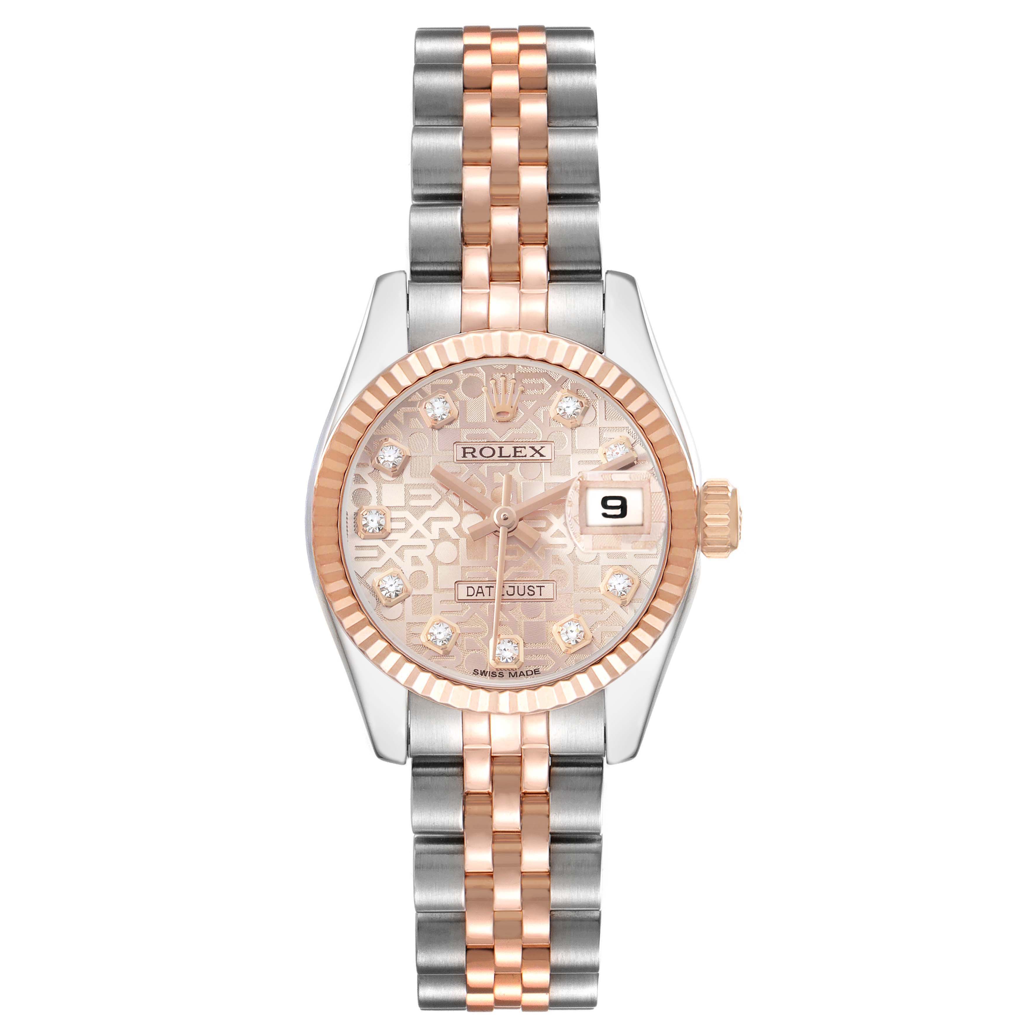 The Rolex Datejust 179171 Women's Steel and Gold (two tone) Pink Dial watch is shown from a front angle, displaying the face, bezel, and two-tone band.
