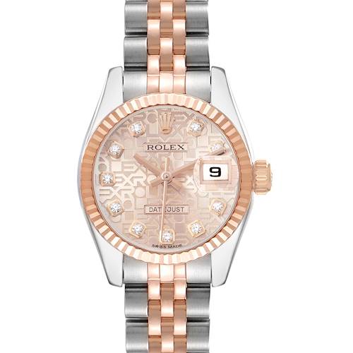 The Rolex Datejust 179171 Women's Steel and Gold (two tone) Pink Dial watch is shown from the front, displaying the face, dial, bezel, and part of the bracelet.