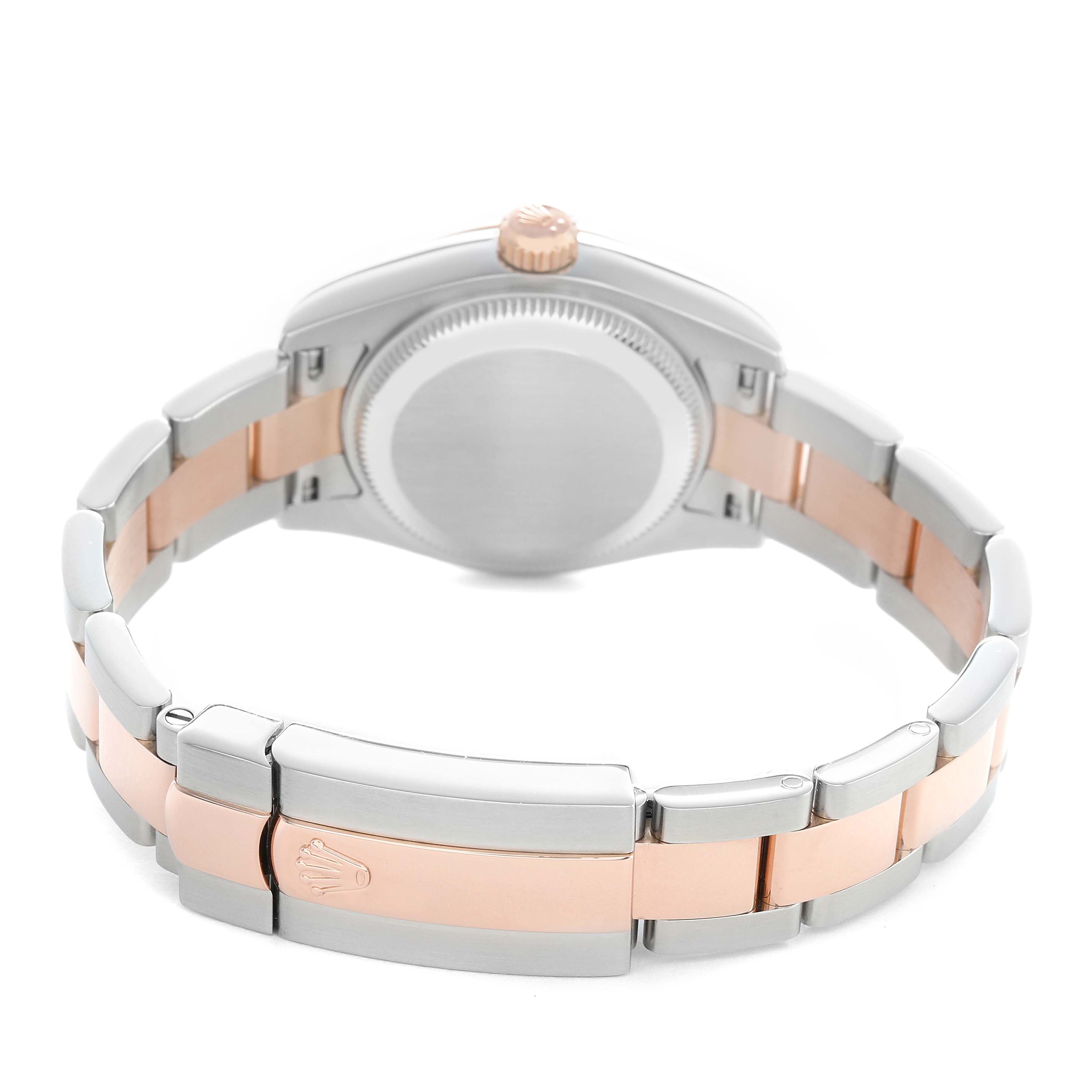 The Rolex Datejust 179171 Women's Steel and Gold (two tone) Pink Dial watch is shown from the back, highlighting the bracelet and clasp.