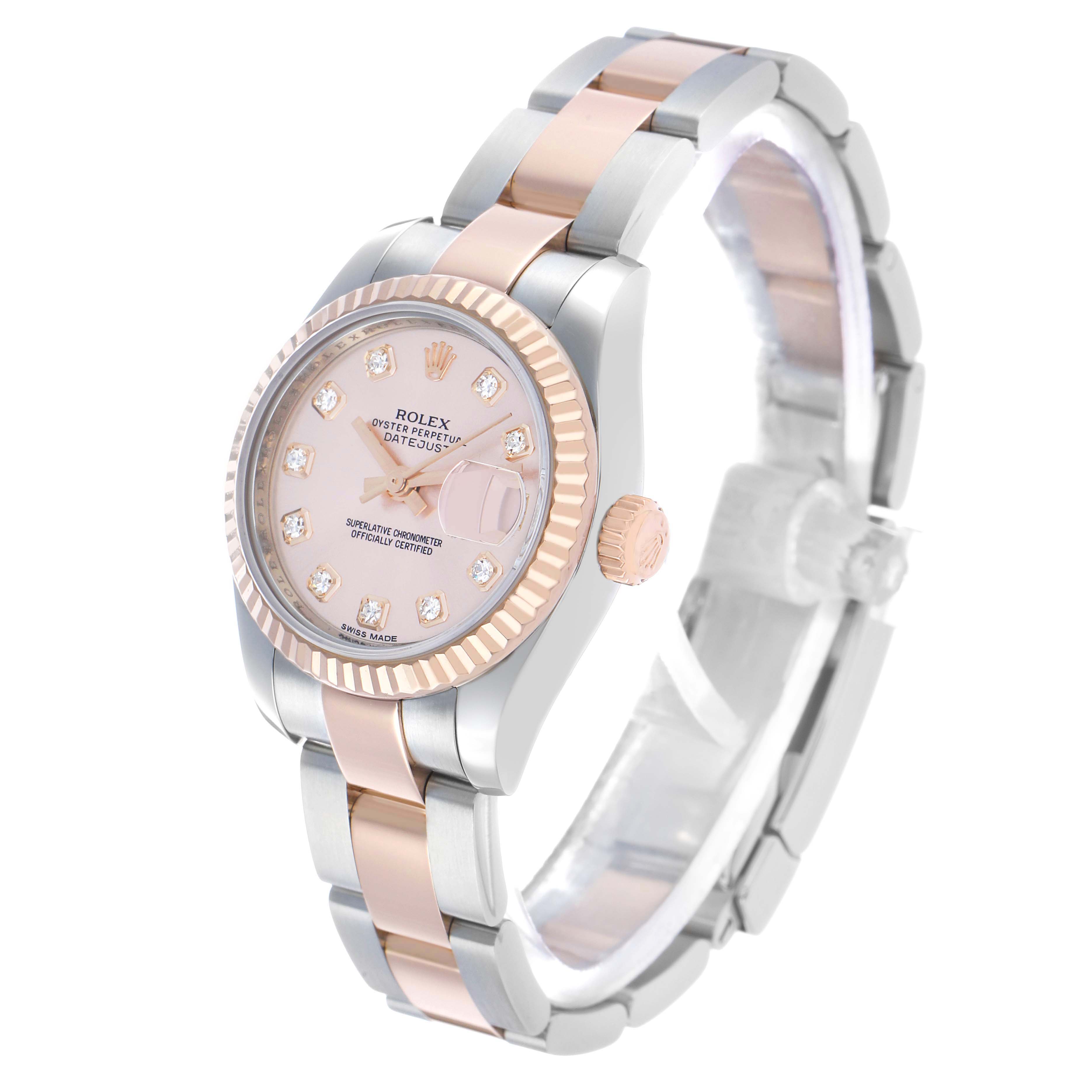 The Rolex Datejust 179171 Women's Steel and Gold (two tone) Pink Dial watch is shown at a three-quarter angle, displaying the face, bezel, crown, and bracelet.