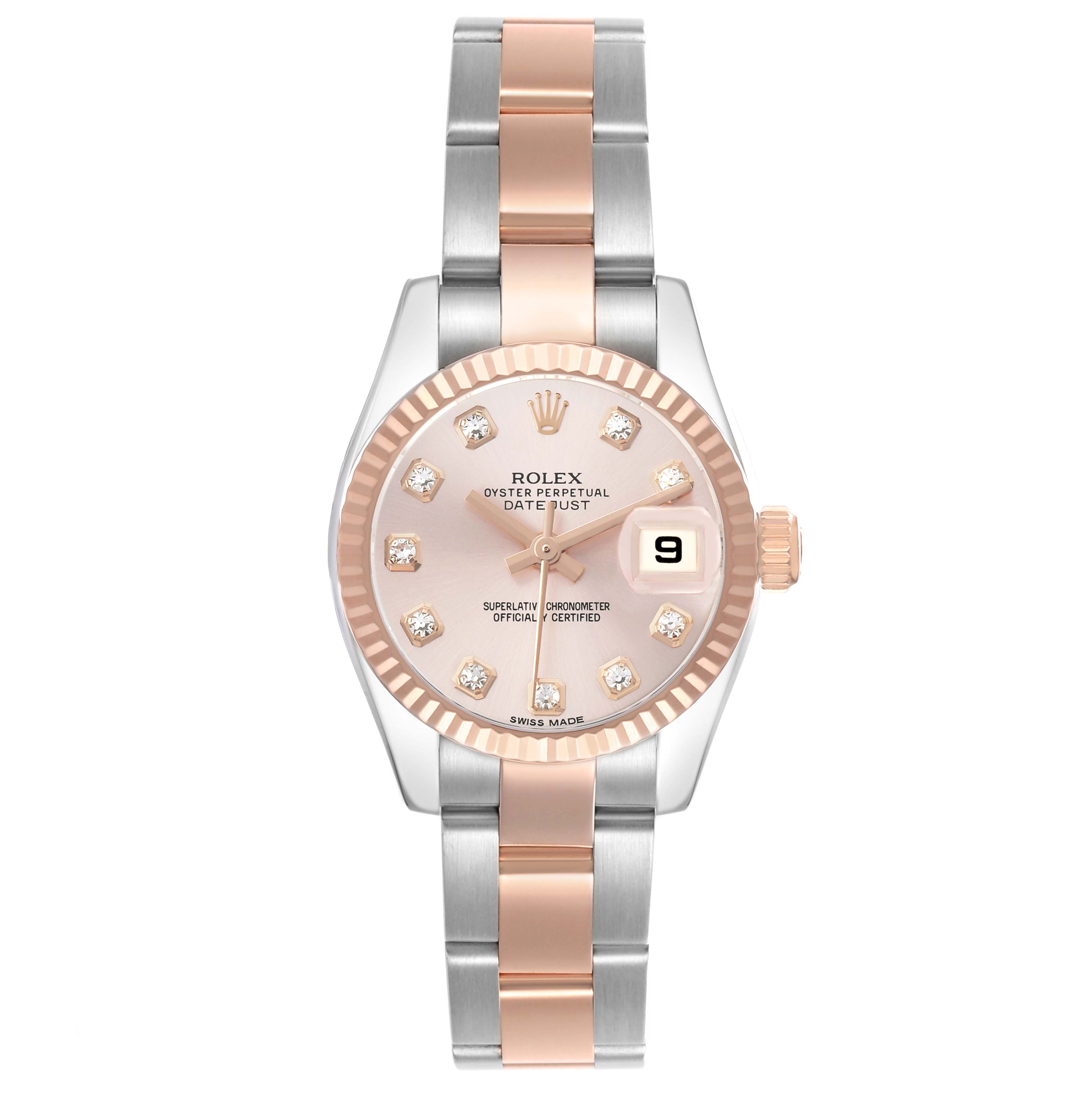 This image shows a Rolex Datejust 179171 Women's Steel and Gold (two tone) Pink Dial watch from a top-down angle, highlighting the face, bezel, and two-tone bracelet.