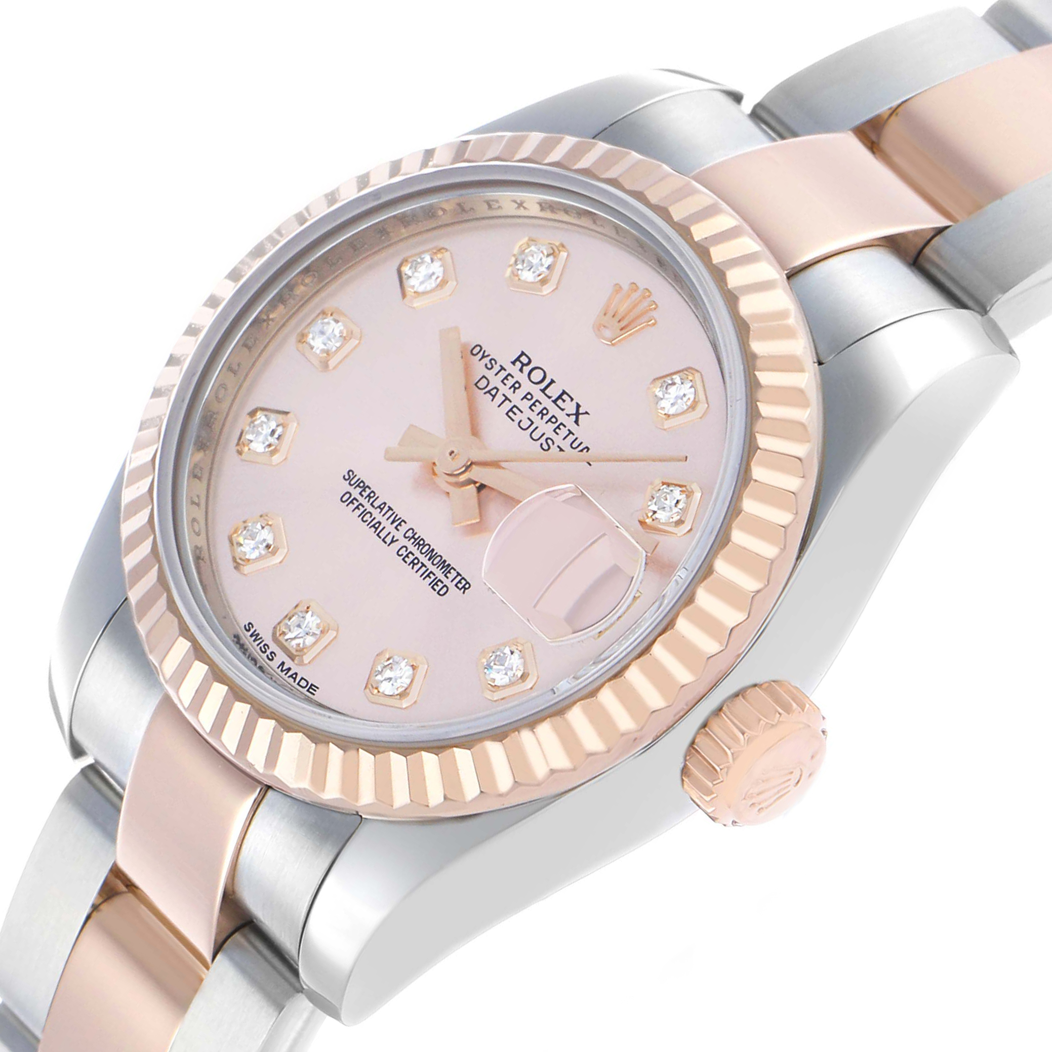 The Rolex Datejust 179171 Women's Steel and Gold (two tone) Pink Dial watch is shown at an angle highlighting the dial, crown, and part of the bracelet.