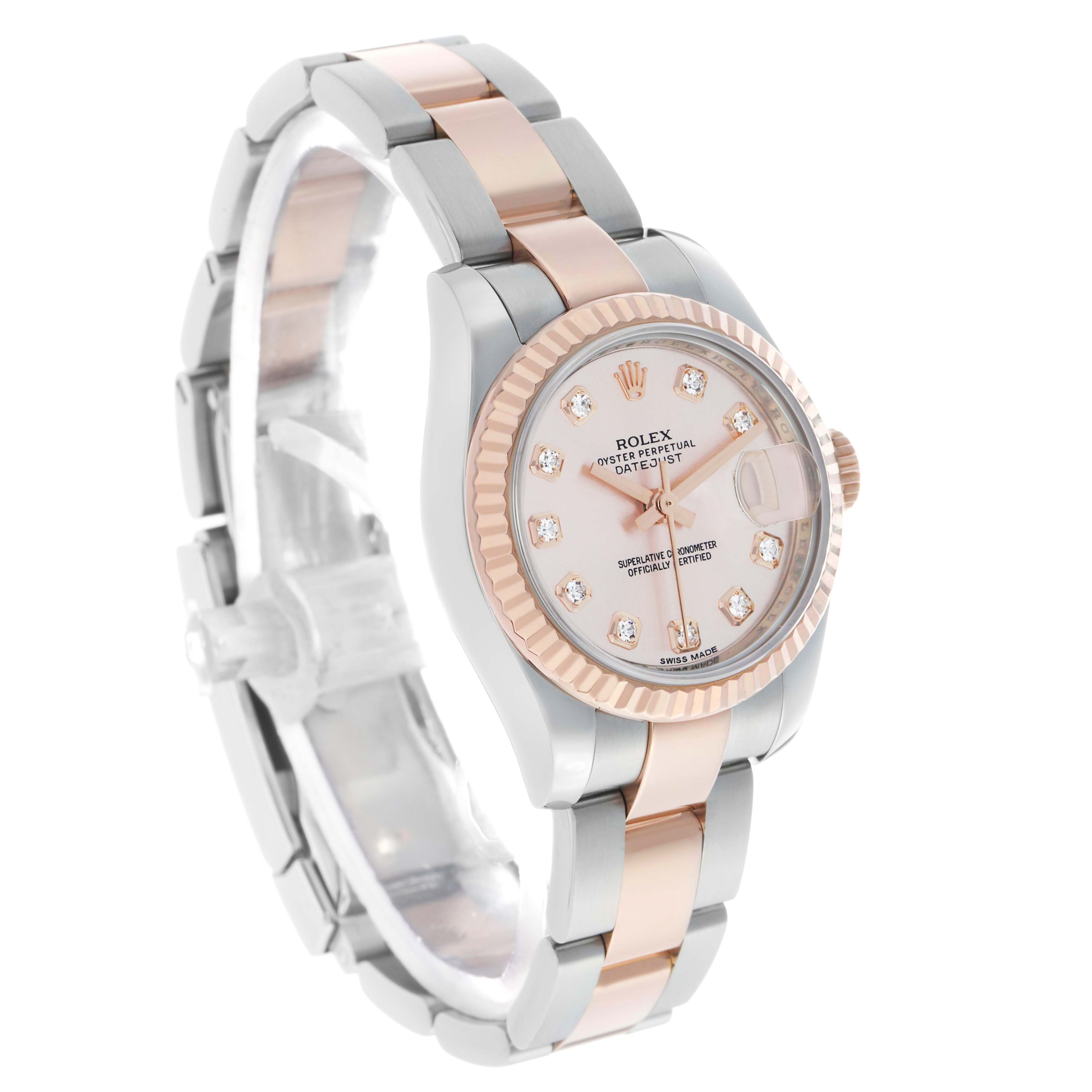 The Rolex Datejust 179171 Women's Steel and Gold (two tone) Pink Dial is shown from a three-quarter angle, highlighting the bezel, dial, bracelet, and crown.