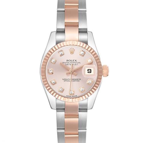 The Rolex Datejust 179171 Women's Steel and Gold (two tone) Pink Dial watch is shown from a top-down view displaying the dial, bezel, crown, and bracelet.