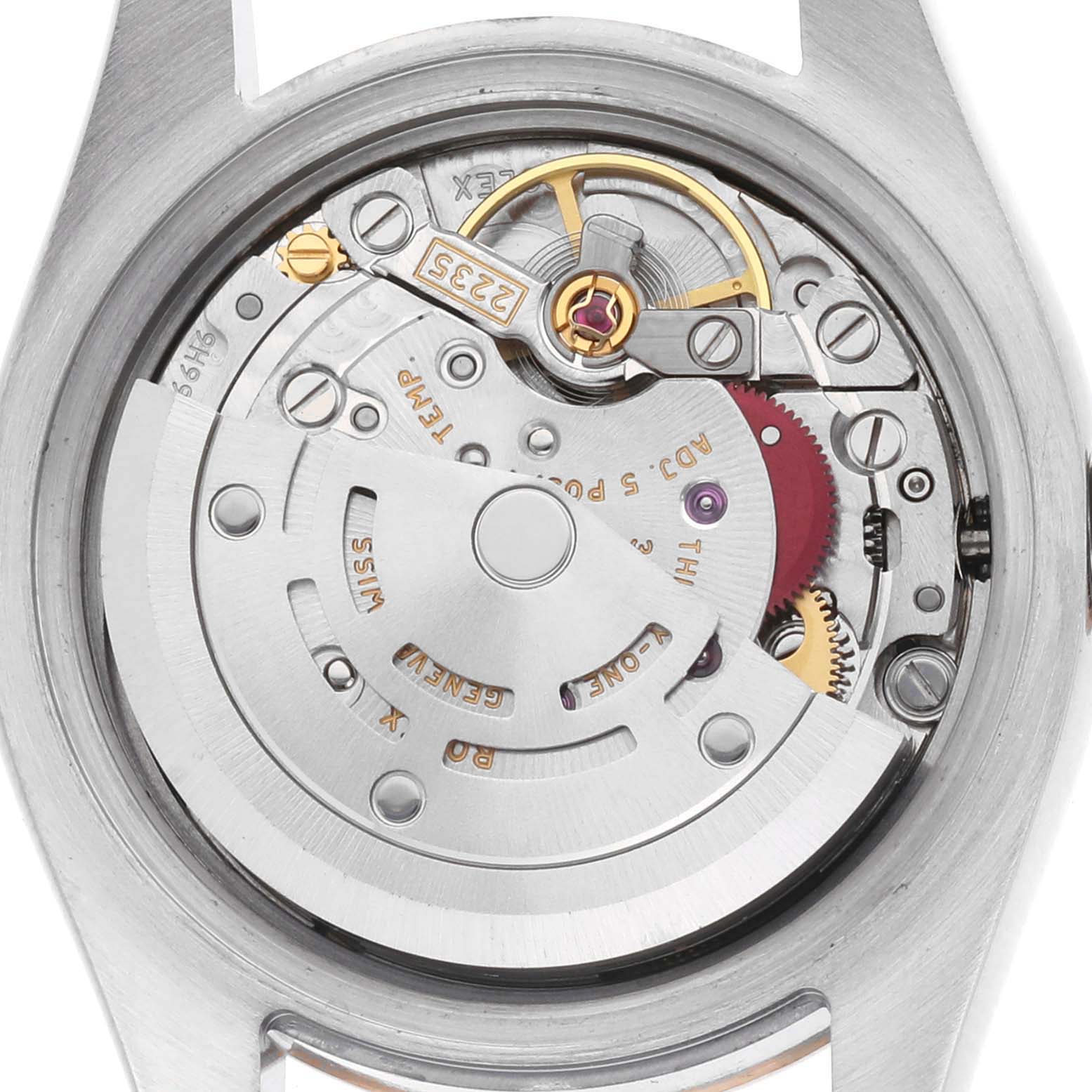 This image shows the movement of a Rolex Datejust 179171 Women's Steel and Gold (two tone) Pink Dial, highlighting the oscillating rotor and gear components.