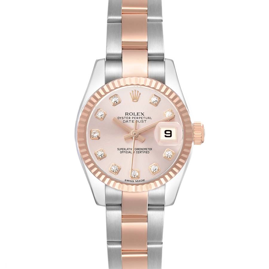 The Rolex Datejust 179171 Women's Steel and Gold (two tone) Pink Dial watch is shown from a front view, displaying the dial, bezel, hour markers, and mixed metal bracelet.