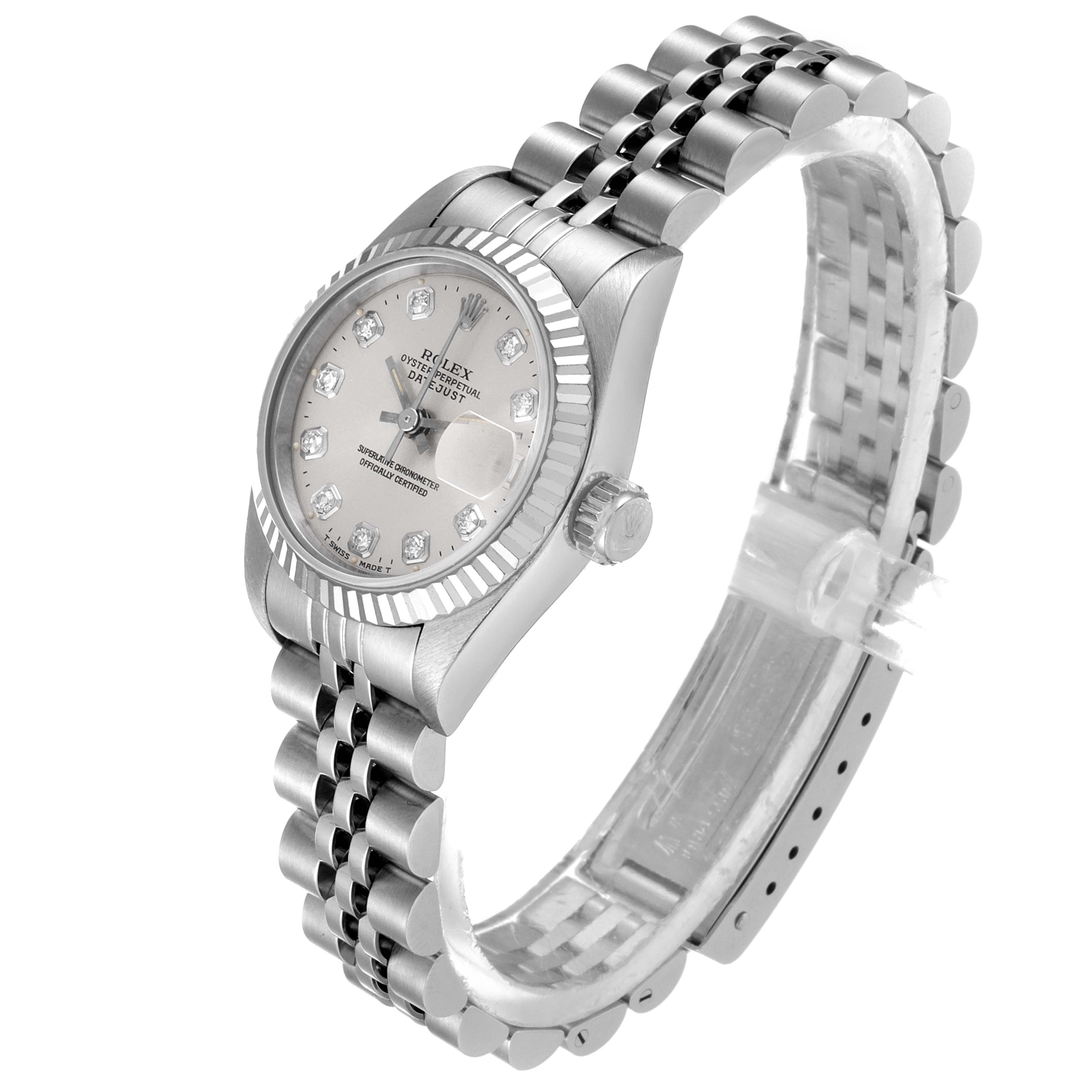 The image shows a Rolex Datejust 69174 Women's Stainless Steel Silver Dial 69174 Women's Stainless Steel Silver Dial watch from a three-quarter angle, highlighting the watch face, bezel, crown, and bracelet.