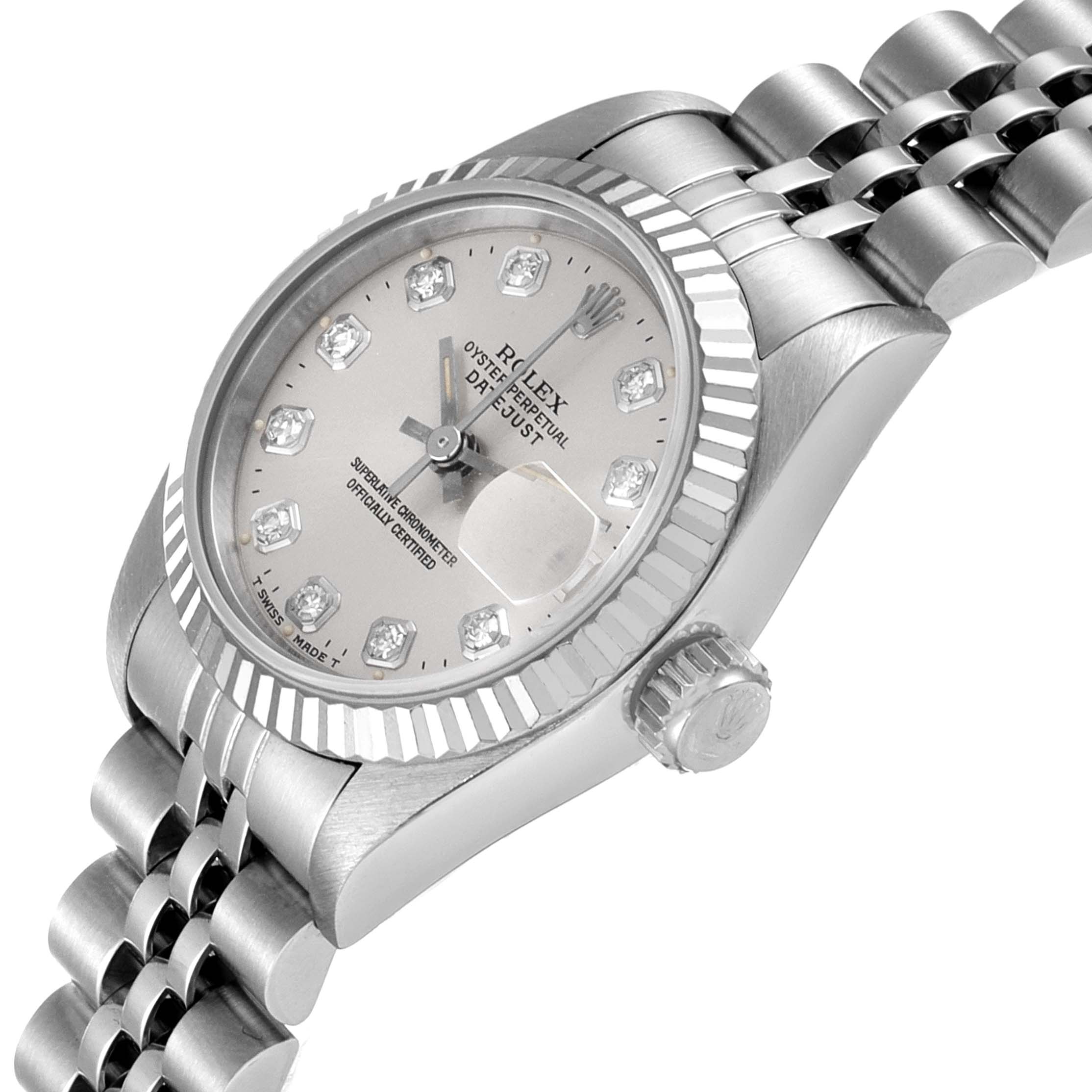 The image shows a close-up angled side view of a Rolex Datejust 69174 Women's Stainless Steel Silver Dial 69174 Women's Stainless Steel Silver Dial watch, highlighting its dial, crown, and part of the bracelet.
