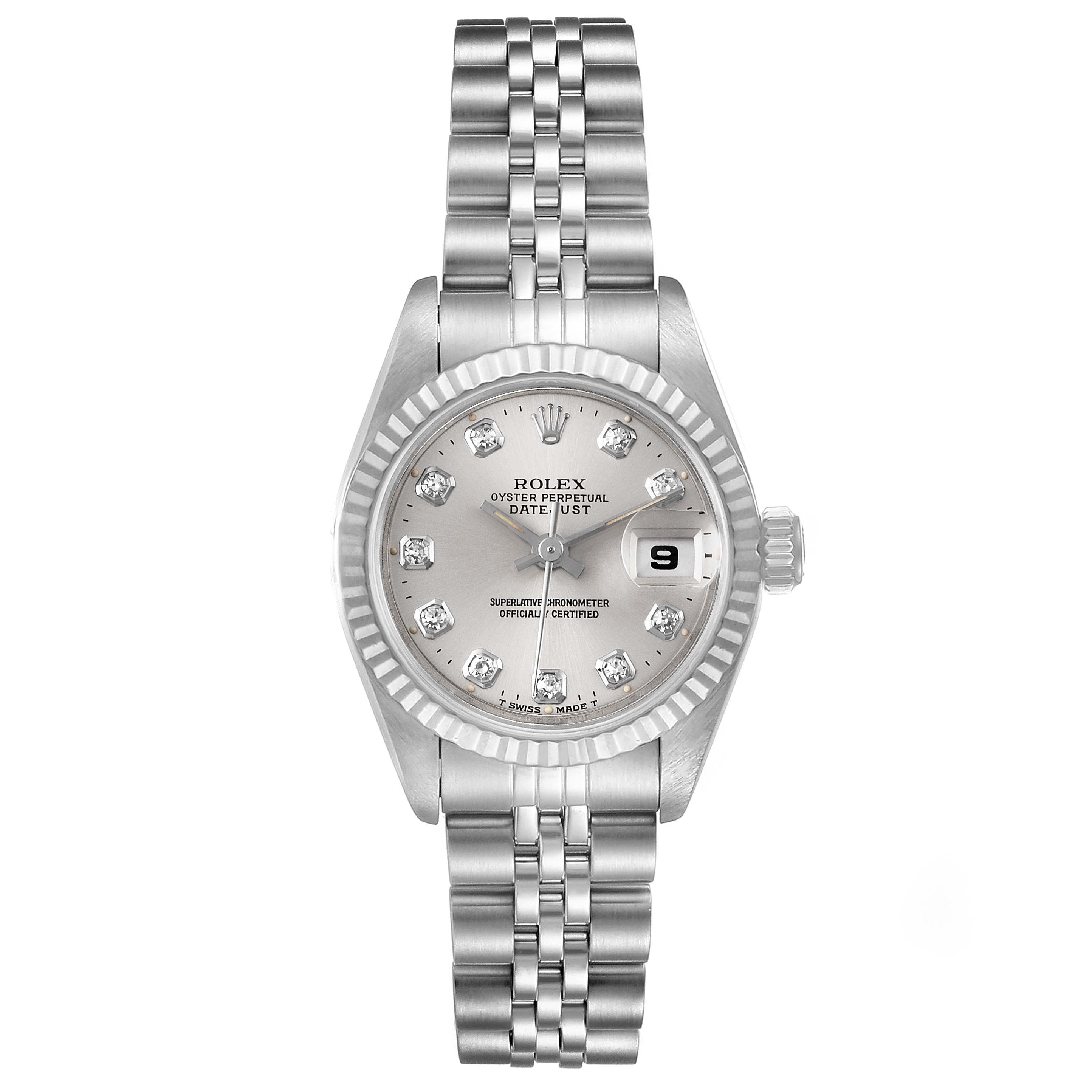 This image shows a Rolex Datejust 69174 Women's Stainless Steel Silver Dial 69174 Women's Stainless Steel Silver Dial watch from a top-down angle, highlighting its face, bezel, and bracelet.