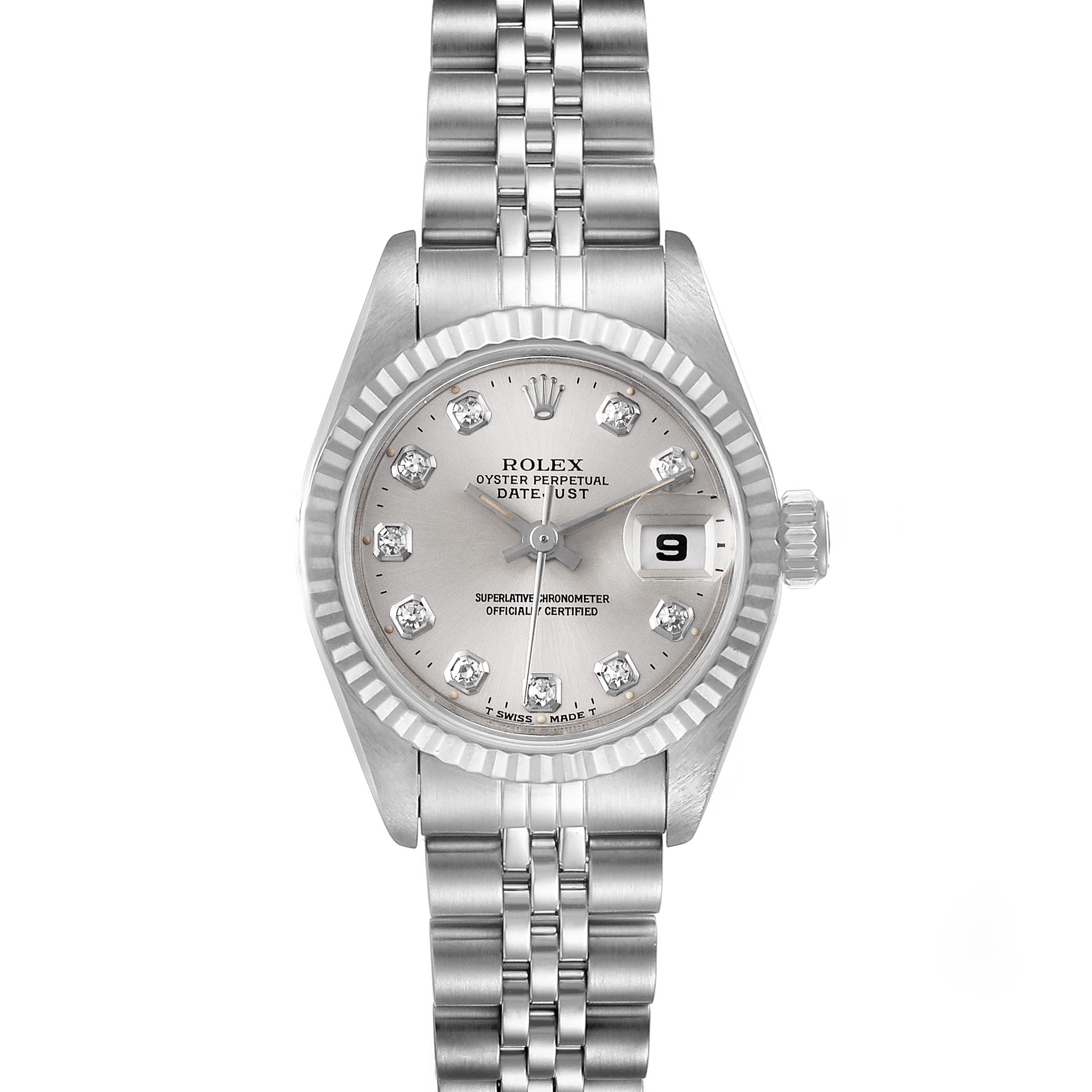 This image shows a front view of a Rolex Datejust 69174 Women's Stainless Steel Silver Dial 69174 Women's Stainless Steel Silver Dial watch, highlighting its face, bezel, and bracelet.