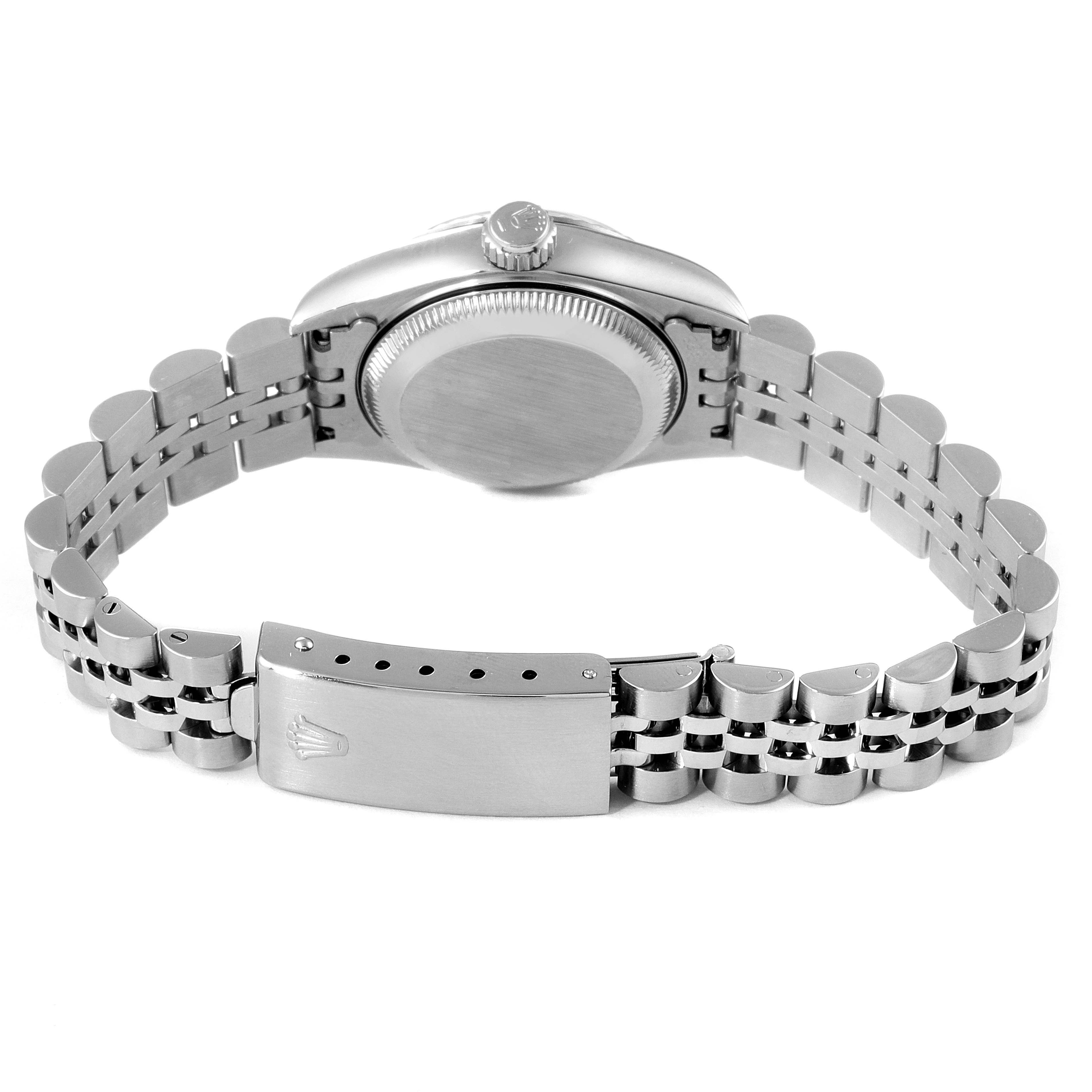 This image shows the back and bracelet of a Rolex Datejust 69174 Women's Stainless Steel Silver Dial 69174 Women's Stainless Steel Silver Dial watch, highlighting the caseback, crown, and clasp.