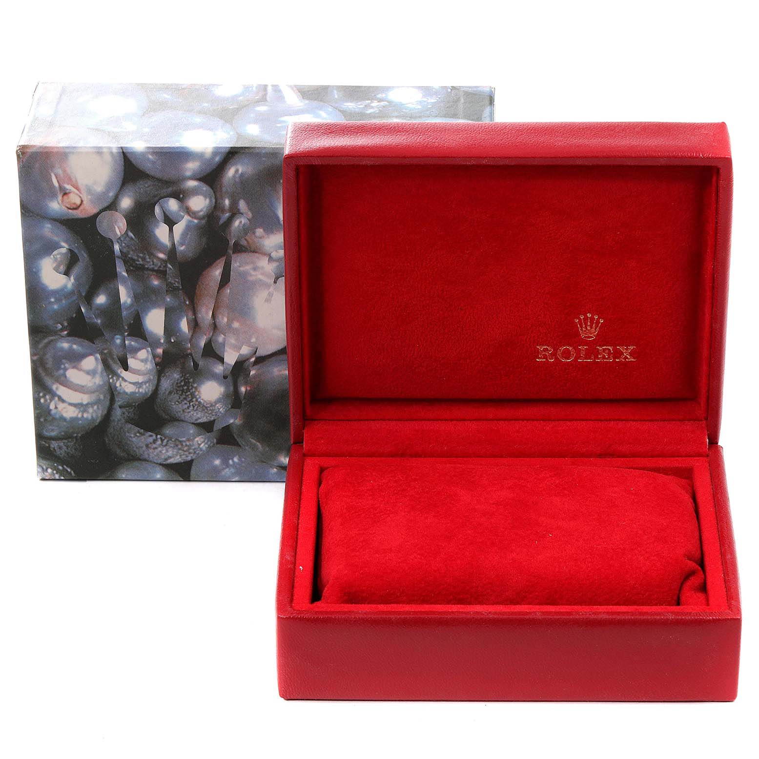The image shows a Rolex Datejust 69174 Women's Stainless Steel Silver Dial 69174 Women's Stainless Steel Silver Dial watch box with an open red interior and a decorative exterior sleeve.