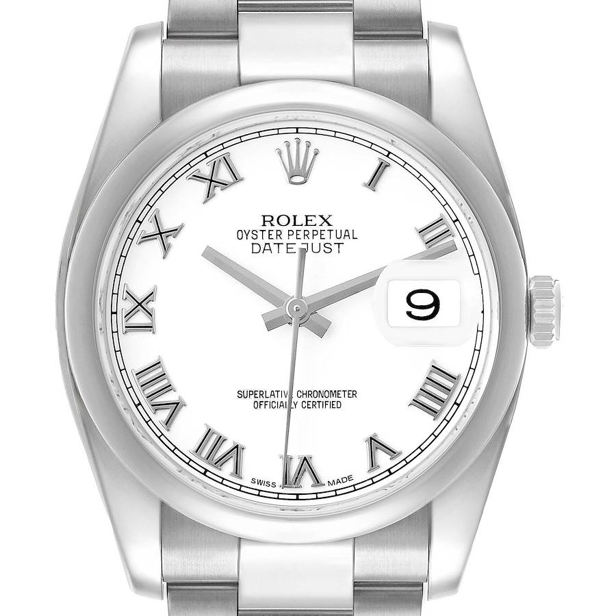The Rolex Datejust 116200 Men's Stainless Steel White Dial watch is shown from a front angle, highlighting the dial, hands, crown, and bracelet.