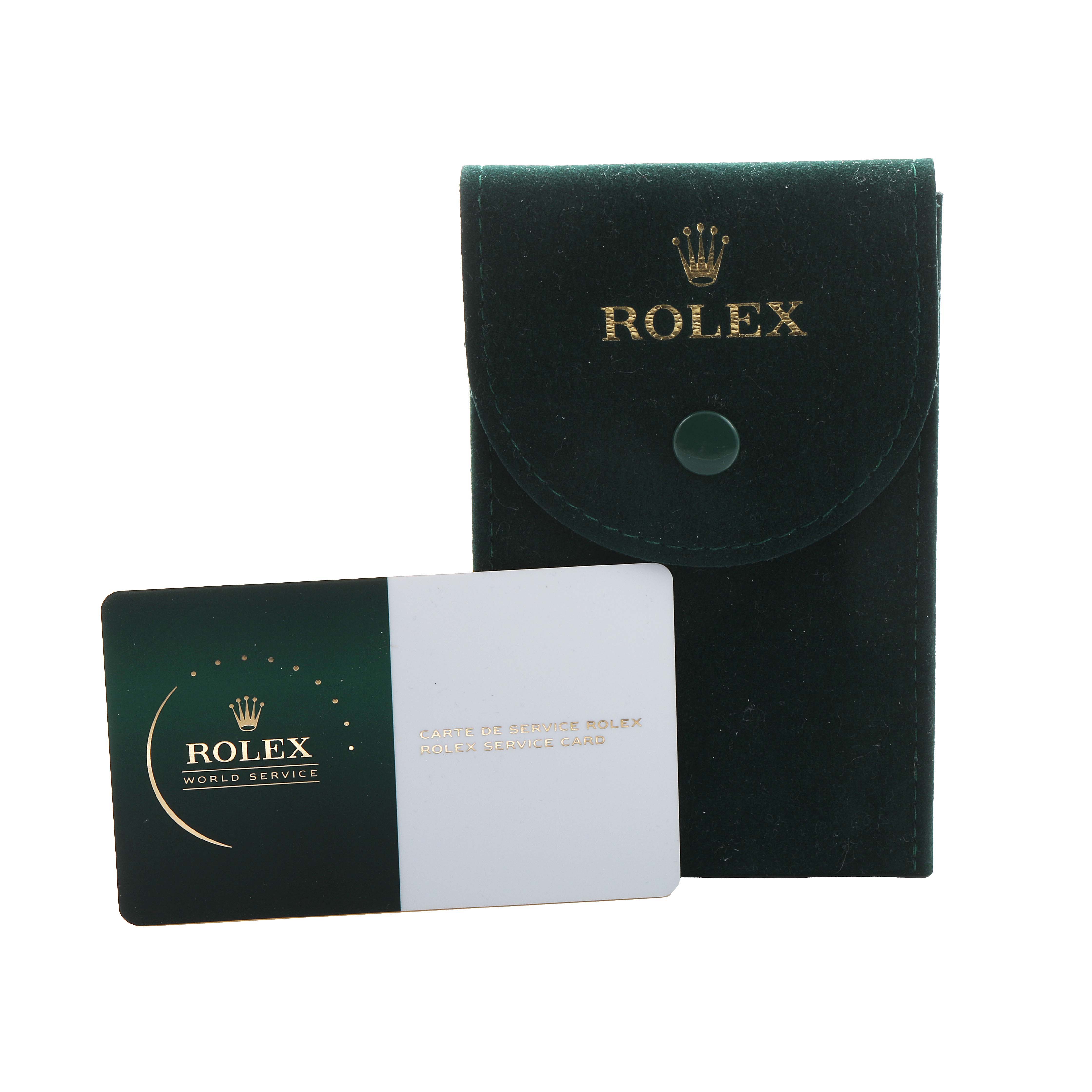 The image shows a Rolex Datejust 116200 Men's Stainless Steel White Dial model's green velvet pouch and a service card from a front angle.