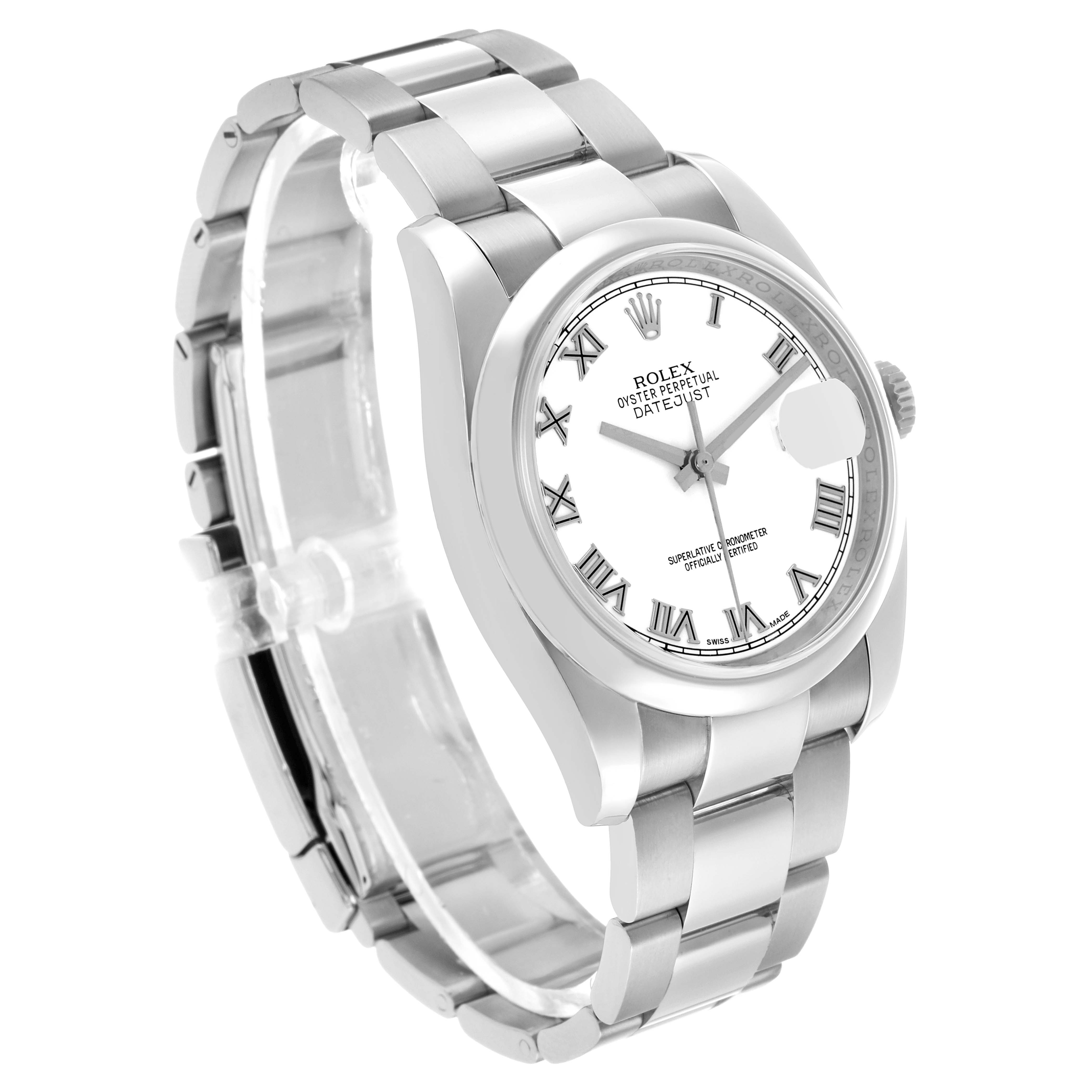 The Rolex Datejust 116200 Men's Stainless Steel White Dial watch is angled to show the dial, bezel, case, and part of the bracelet.