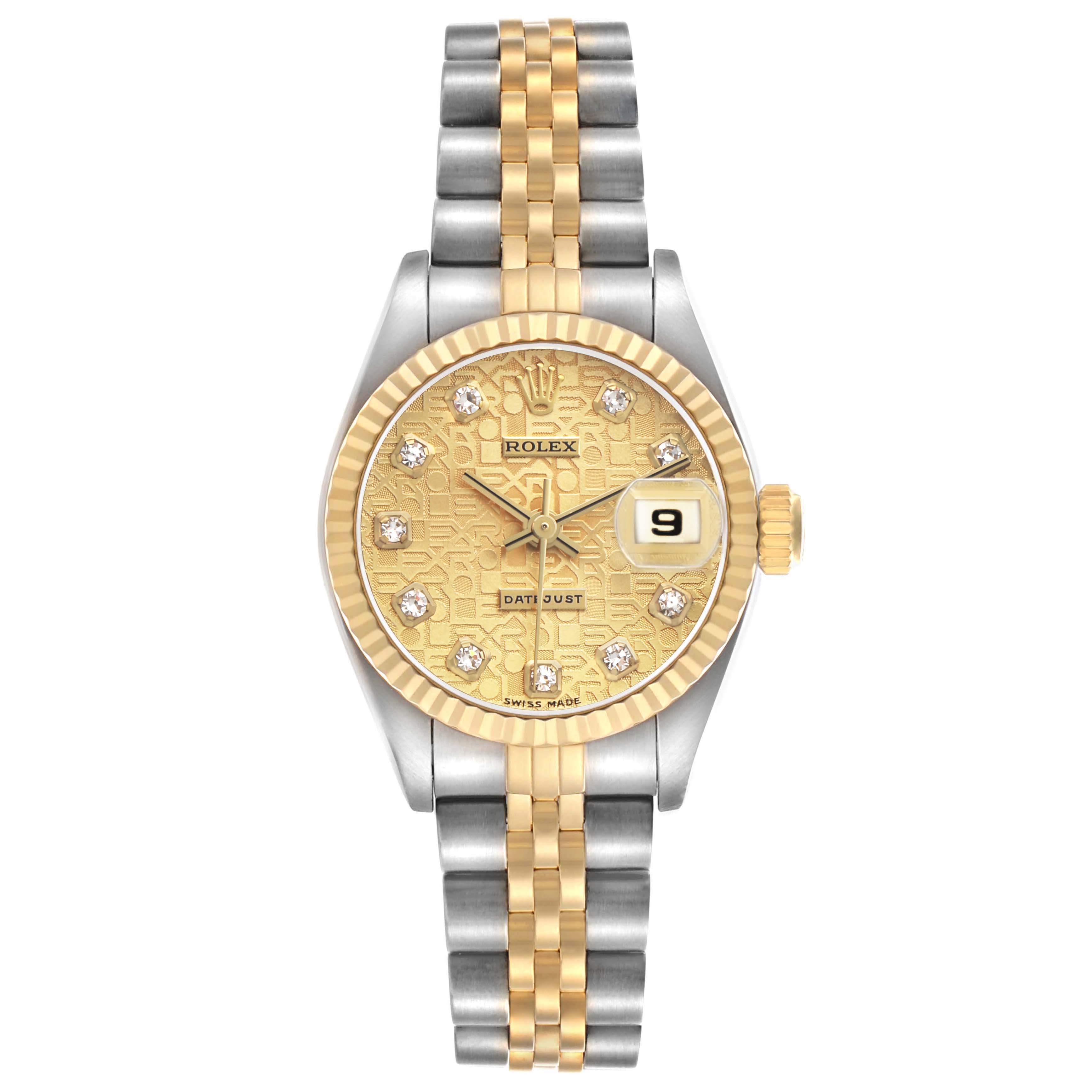 The Rolex Datejust 69173 Women's Steel and Gold (two tone) Champagne Dial watch is shown from a top-down angle, highlighting its dial, bezel, and two-tone bracelet.