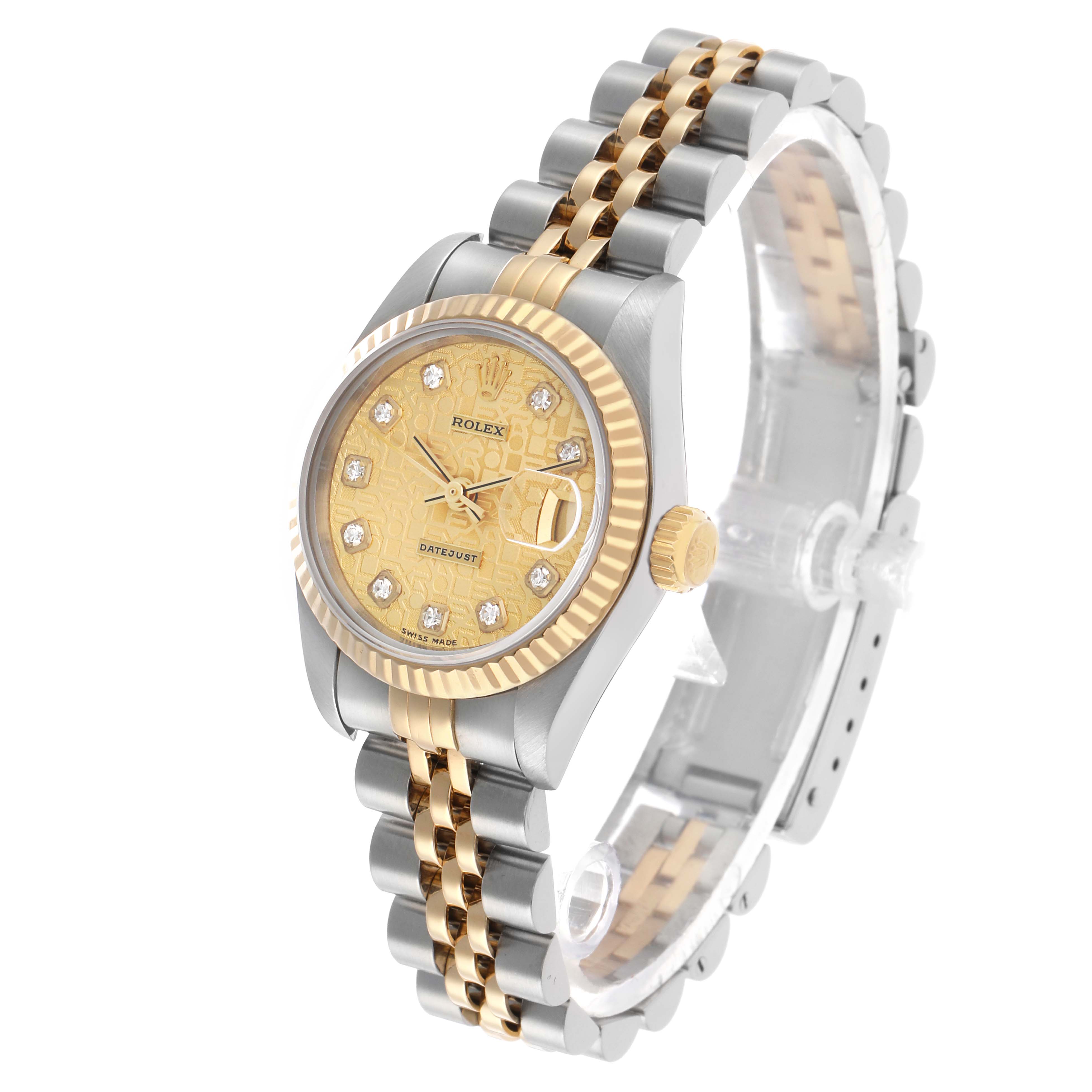 The Rolex Datejust 69173 Women's Steel and Gold (two tone) Champagne Dial watch is shown at a slight angle, highlighting its face, bezel, bracelet, and crown.
