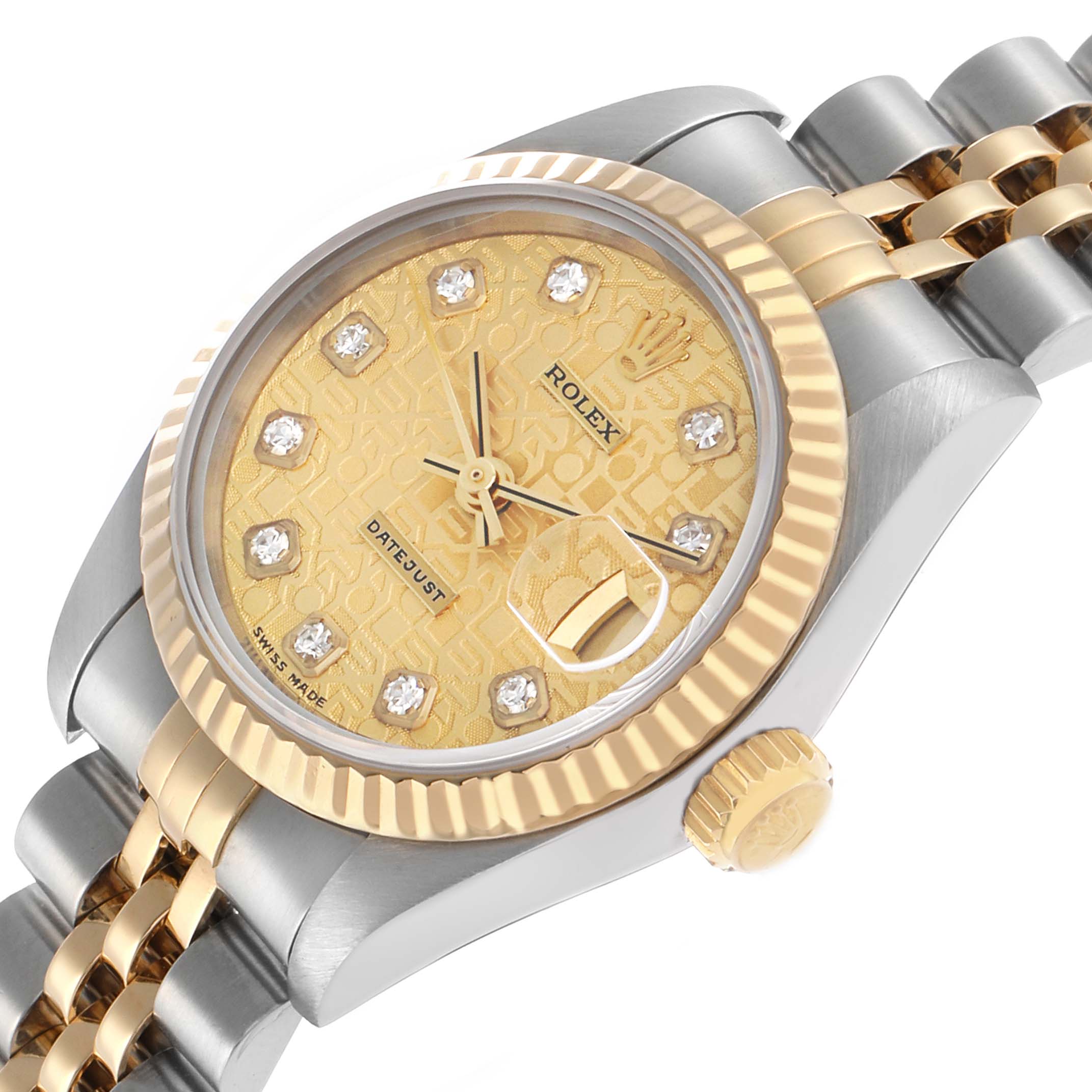 The Rolex Datejust 69173 Women's Steel and Gold (two tone) Champagne Dial watch is shown at an angle highlighting the gold patterned dial, diamond hour markers, two-tone bracelet, and crown.
