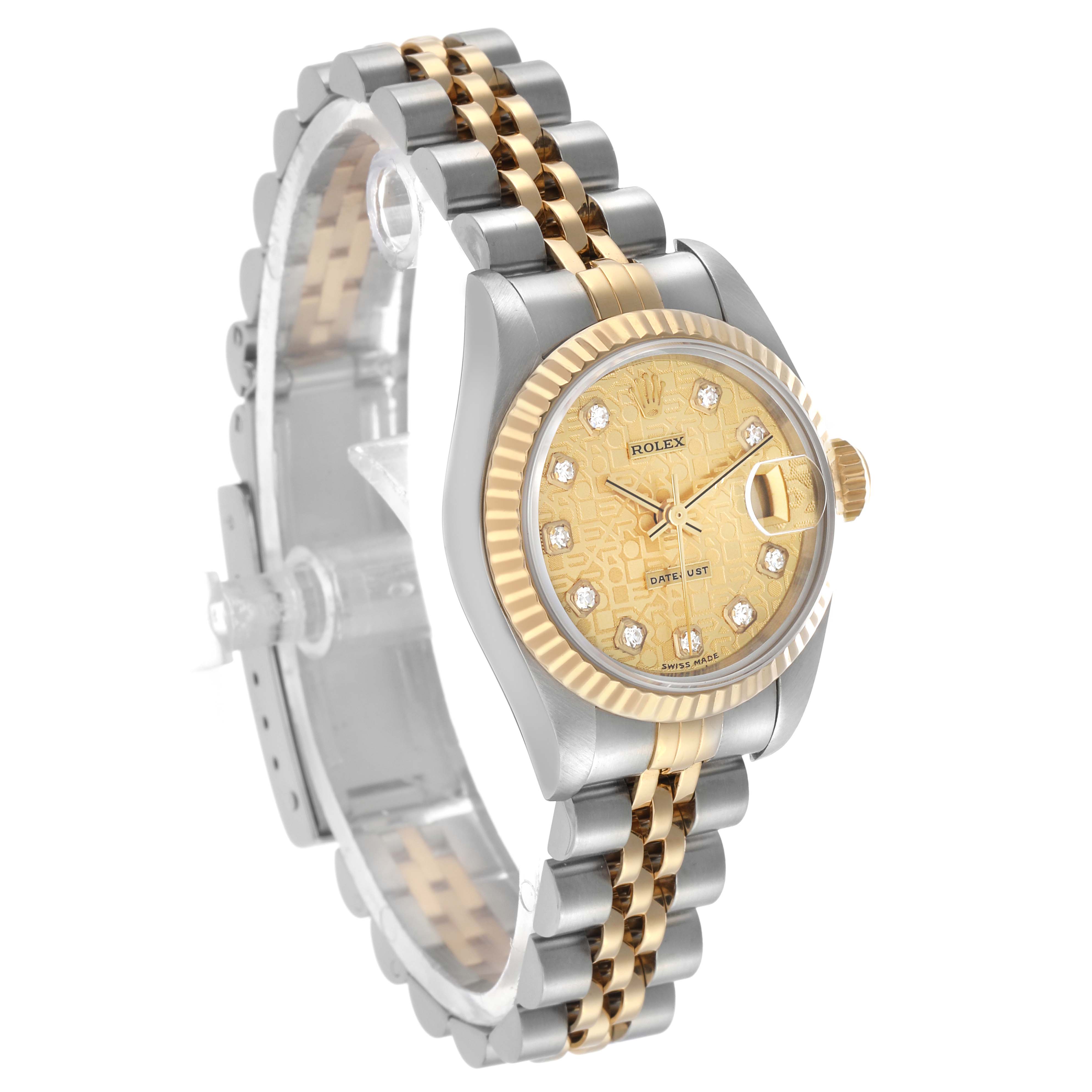 The Rolex Datejust 69173 Women's Steel and Gold (two tone) Champagne Dial watch is shown at a three-quarter angle, highlighting the dial, bezel, and Jubilee bracelet.