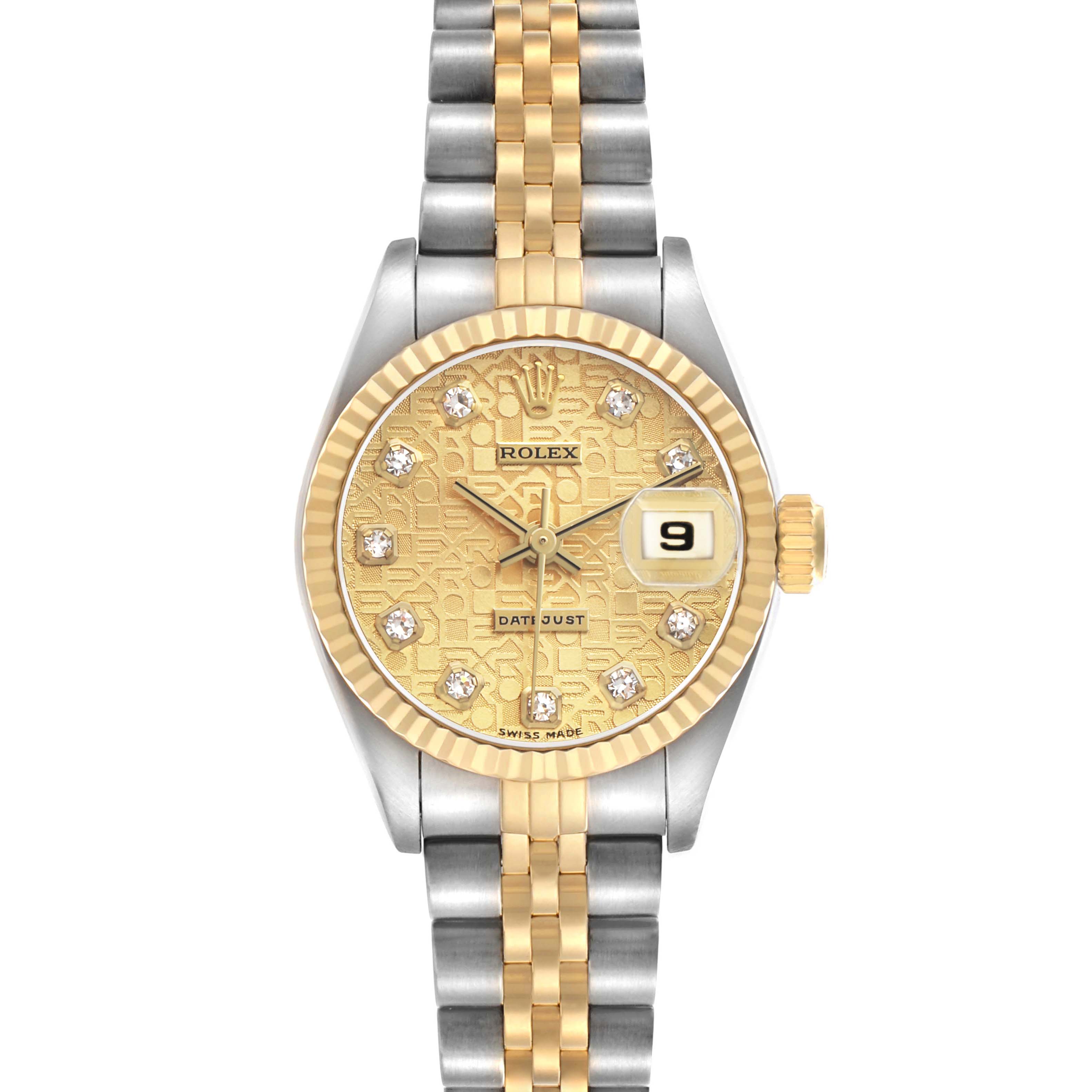The Rolex Datejust 69173 Women's Steel and Gold (two tone) Champagne Dial watch is shown from a front angle, highlighting its dial, bezel, and bracelet.