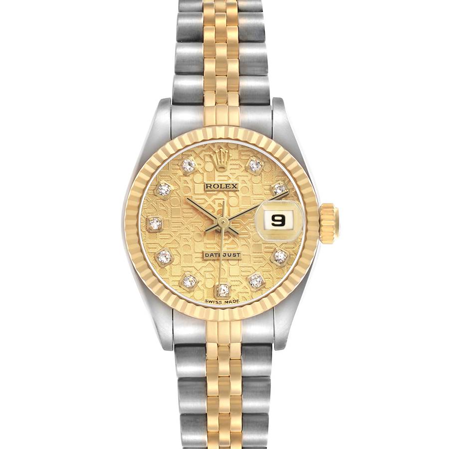 The Rolex Datejust 69173 Women's Steel and Gold (two tone) Champagne Dial watch is shown from a front angle, highlighting its dial, bezel, and bracelet.