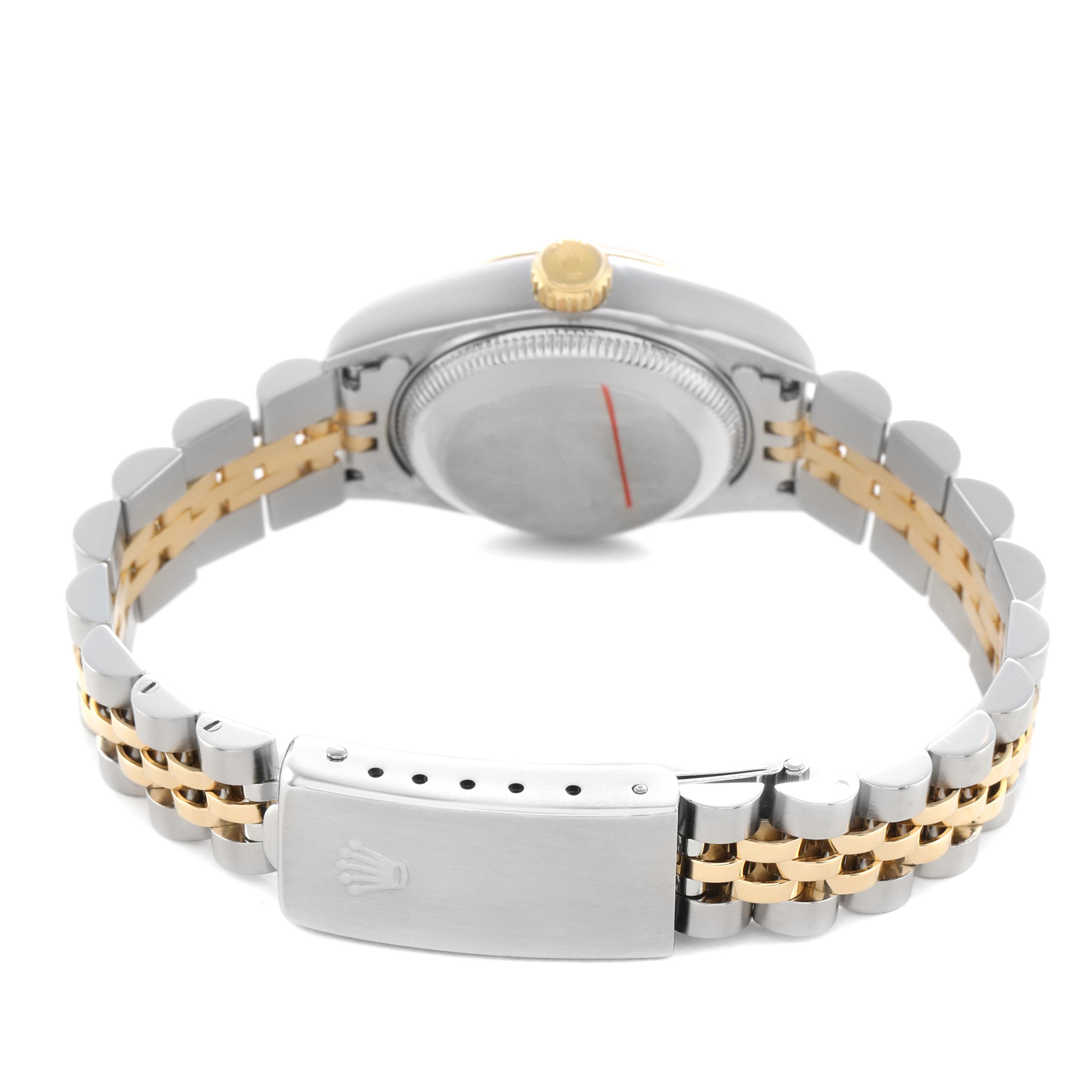 The image shows the back view of a Rolex Datejust 69173 Women's Steel and Gold (two tone) Champagne Dial watch, highlighting the case back, crown, and two-tone bracelet with a clasp.
