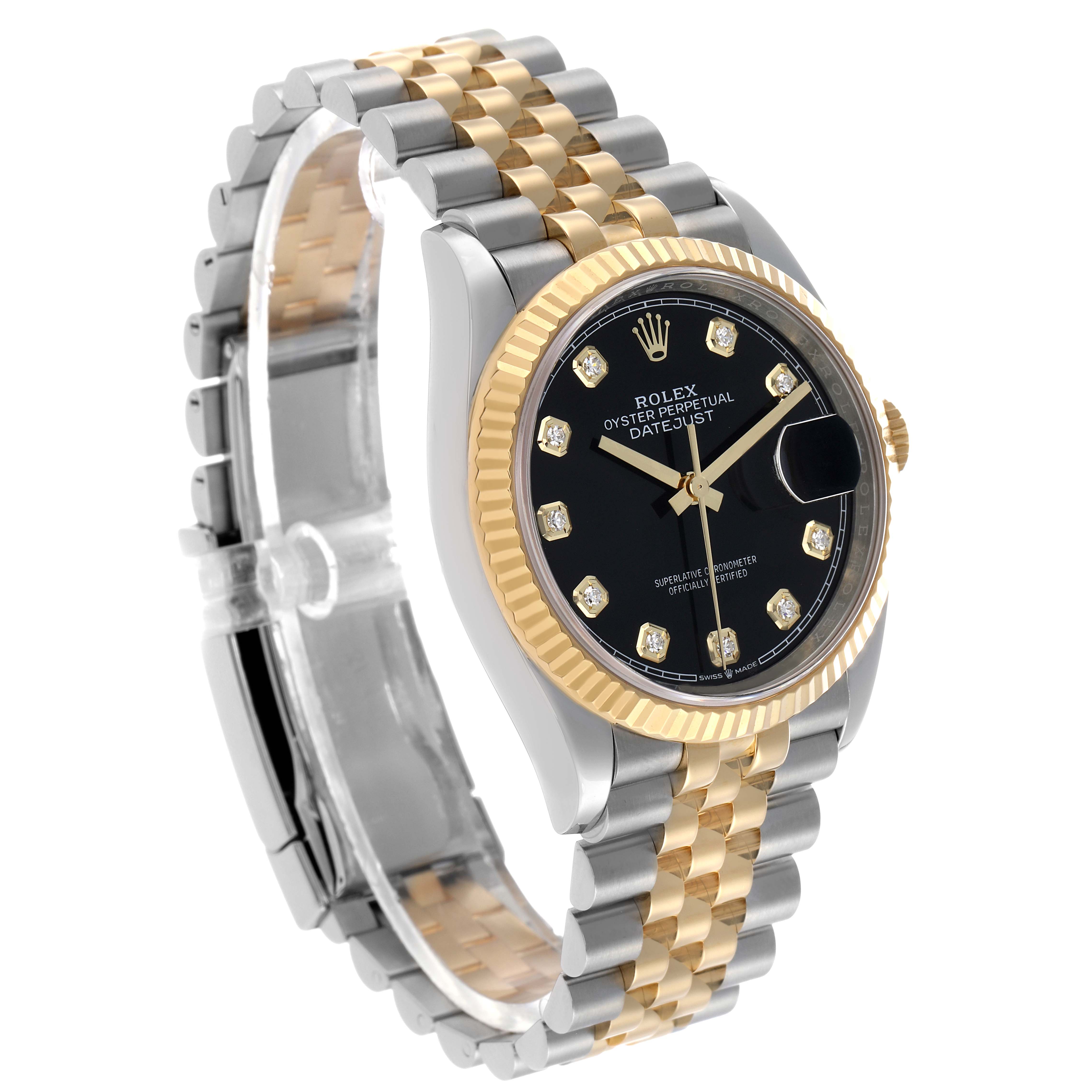 The Rolex Datejust 126233 Men's Steel and Gold (two tone) Black Dial watch is shown at a three-quarter angle, highlighting its black dial, diamond markers, and two-tone bracelet.