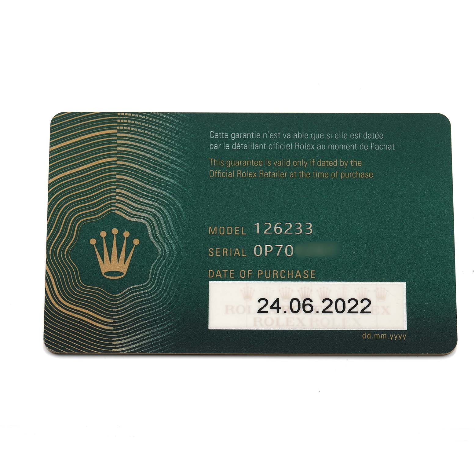 The image shows a warranty card for a Rolex Datejust 126233 Men's Steel and Gold (two tone) Black Dial model, featuring the model and serial number details.