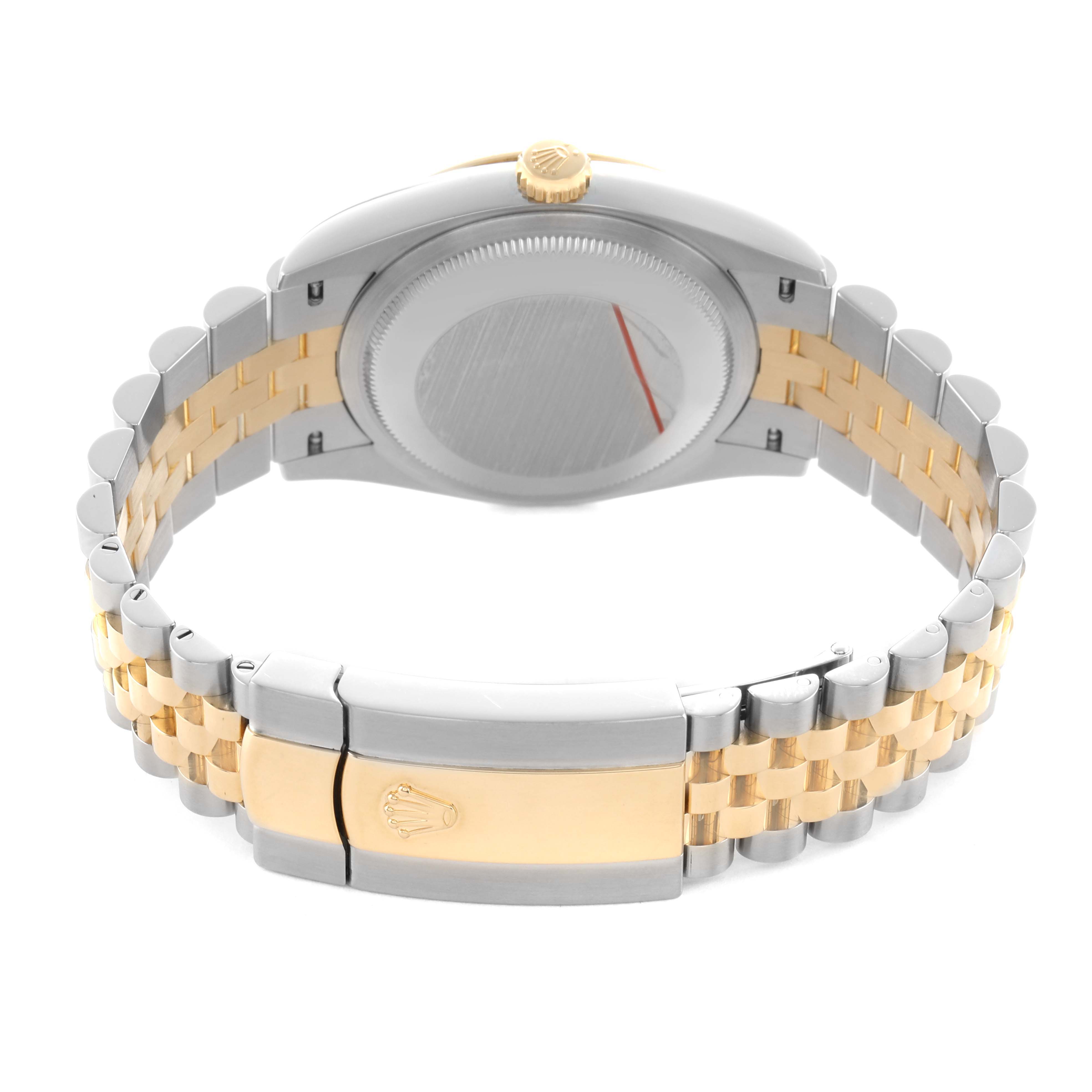 The image shows the Rolex Datejust 126233 Men's Steel and Gold (two tone) Black Dial from the back, highlighting the case, crown, and two-tone bracelet with clasp.