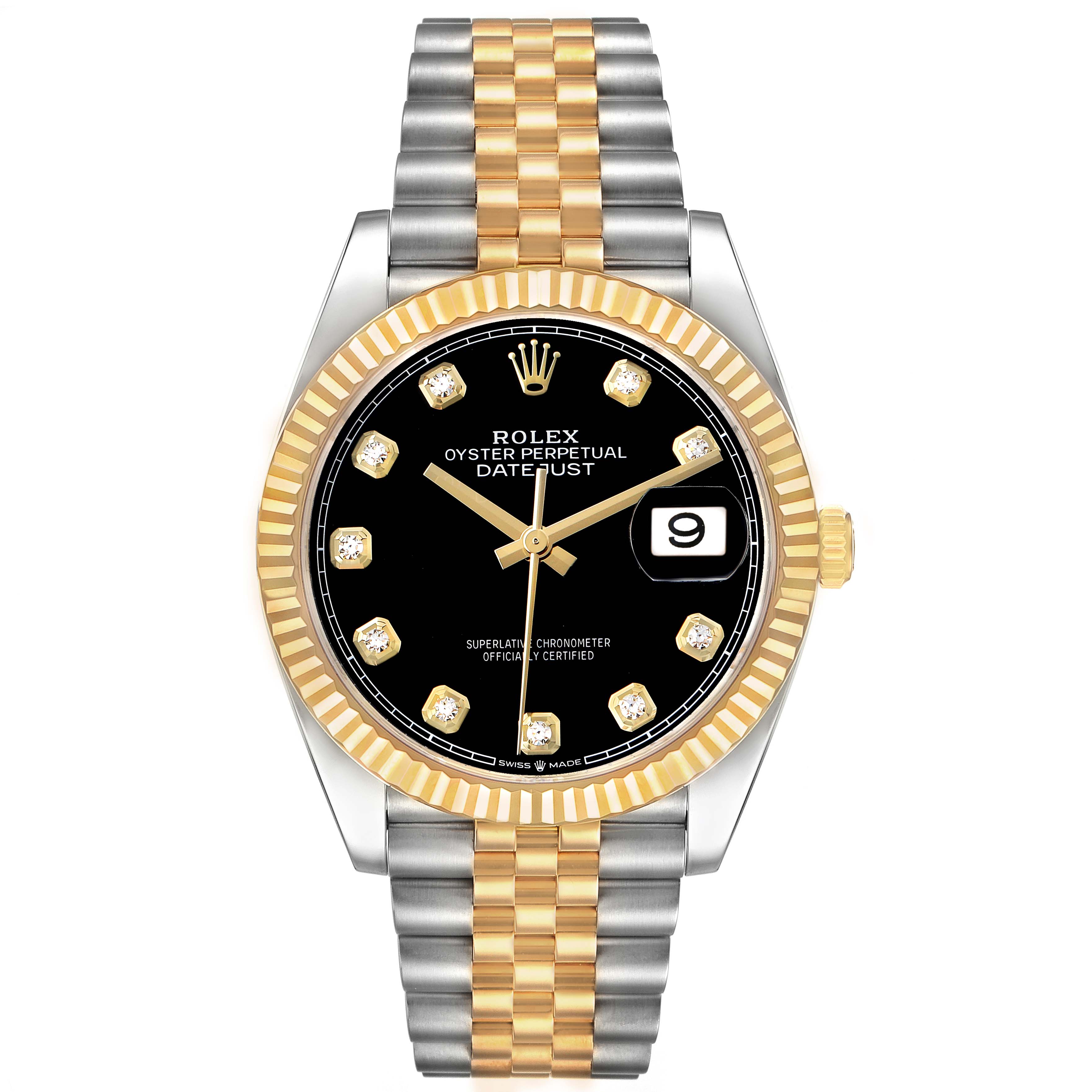 The Rolex Datejust 126233 Men's Steel and Gold (two tone) Black Dial watch is shown from a top-down angle, displaying its two-tone bracelet, fluted bezel, black dial, and date window.